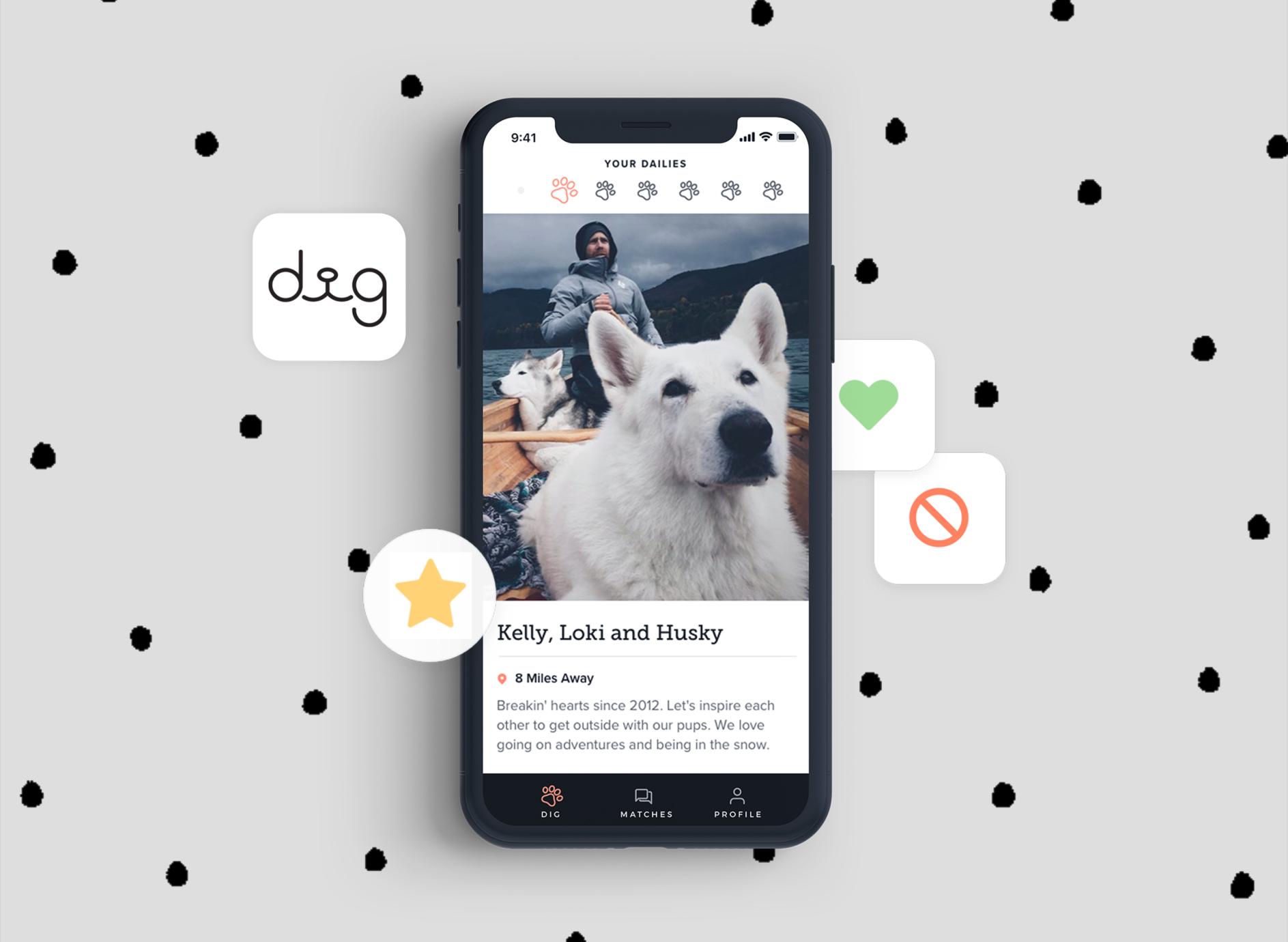 Dog dating app profile on a phone with floating like, block, and star icons