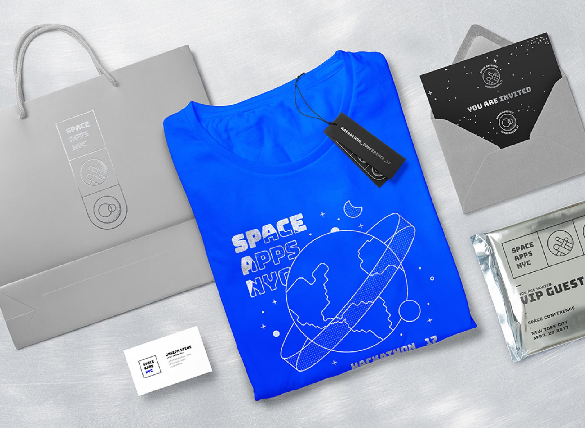 Space Apps NYC branded shirt, bag, invitation, badge, and business card