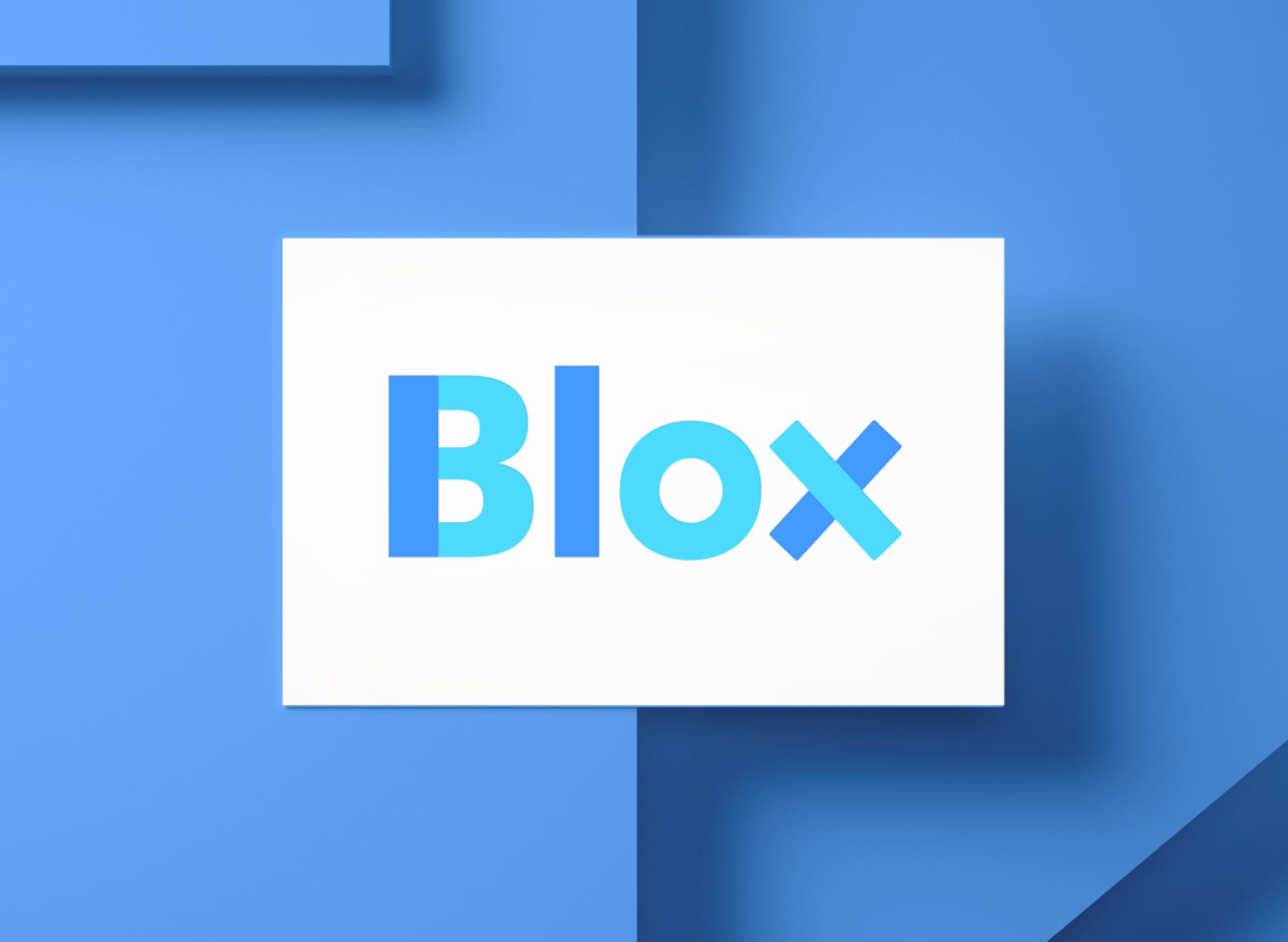 Blox wordmark printed on a white card over blue geometric shapes