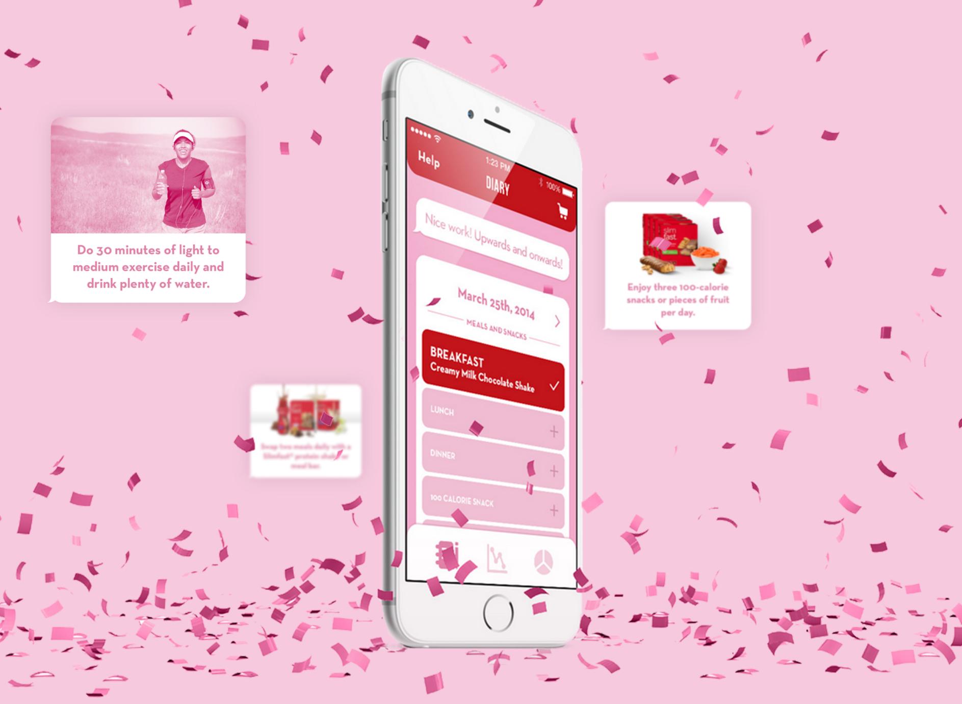 Phone showing a pink diet tracker app surrounded by confetti and tip cards