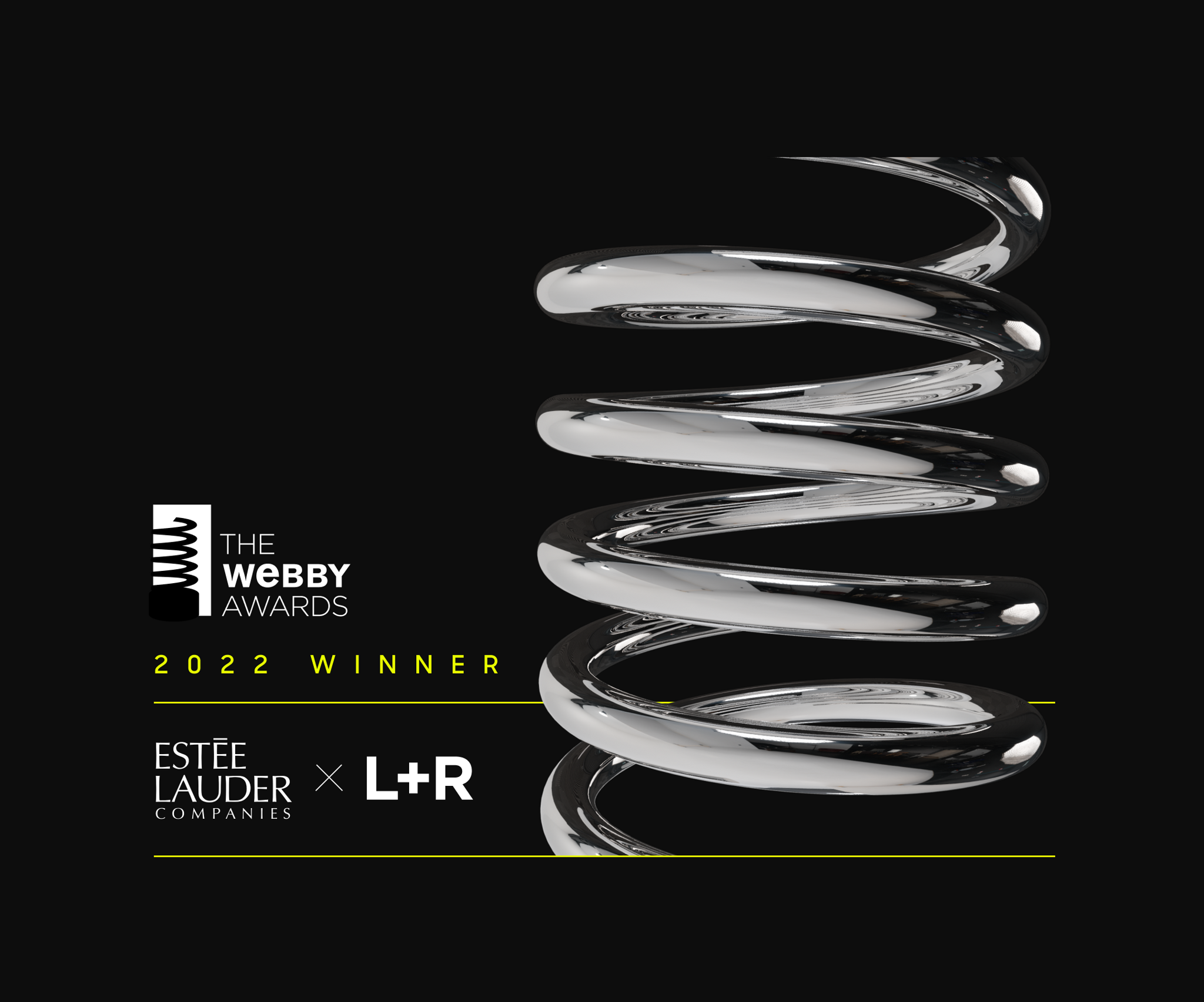 Webby Awards 2022 winner graphic with chrome spiral, Este Lauder Companies and L+R logos