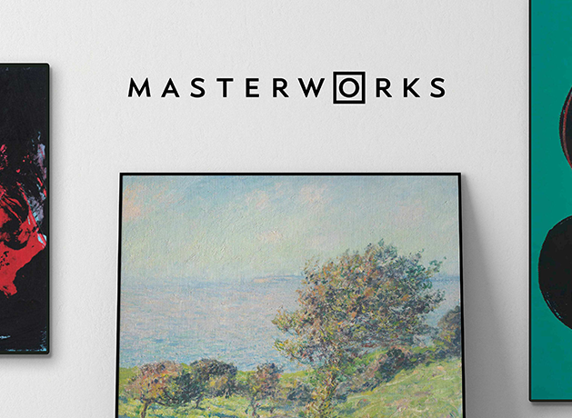 Masterworks wordmark above a framed landscape painting flanked by abstract art