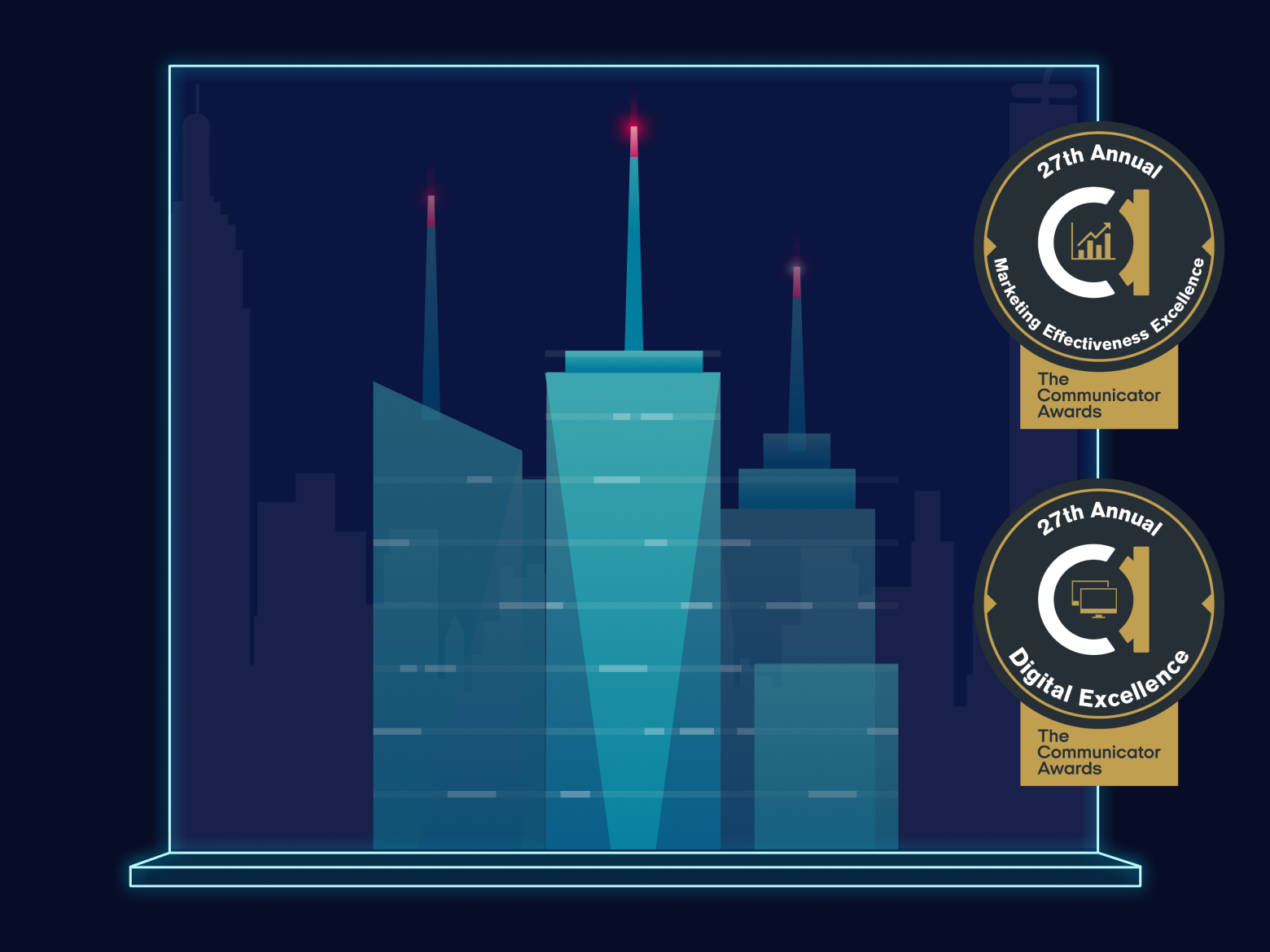 Illustrated city skyline with two Communicator Awards badges.