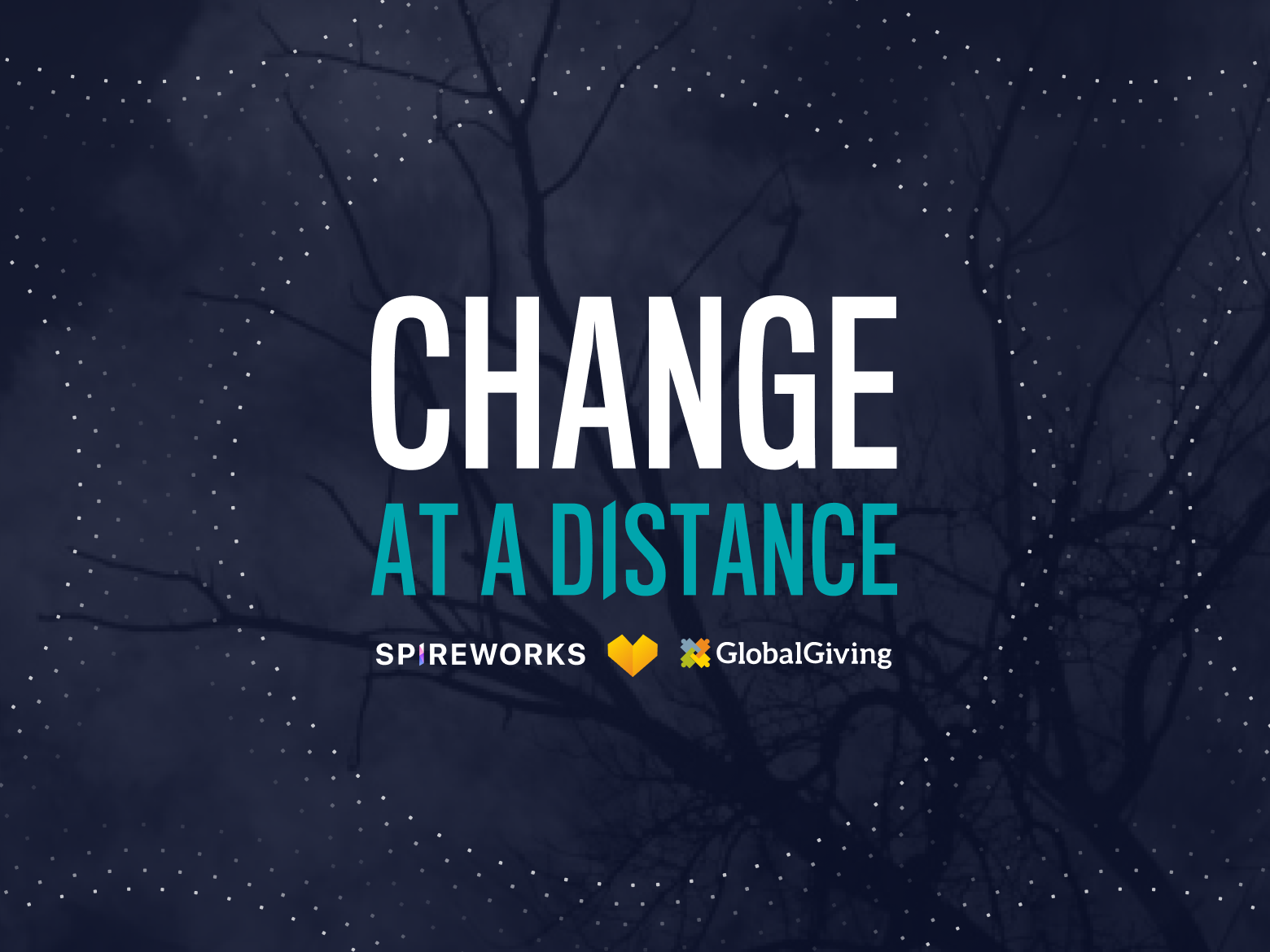 Change at a Distance title over dark tree silhouettes and dotted pattern.