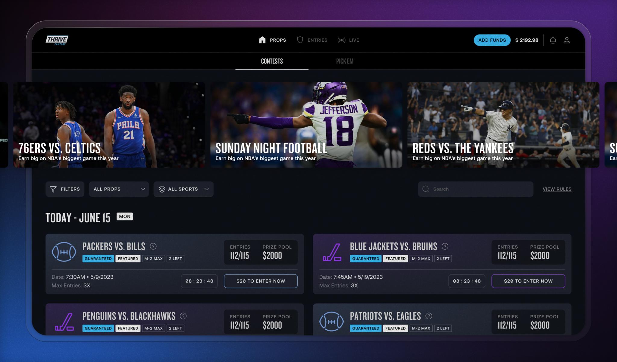 Dark sports contests dashboard showing matchups and prize amounts