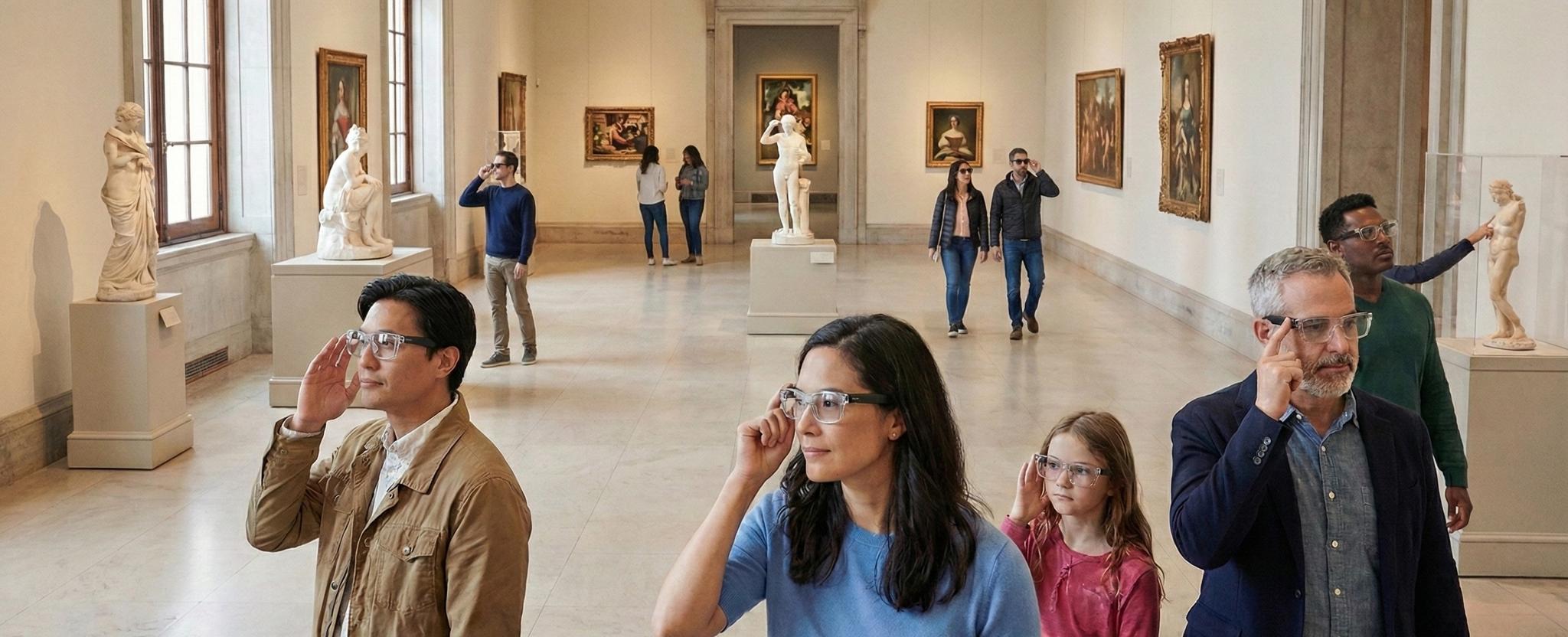 Museum visitors wearing smart glasses while viewing statues and paintings