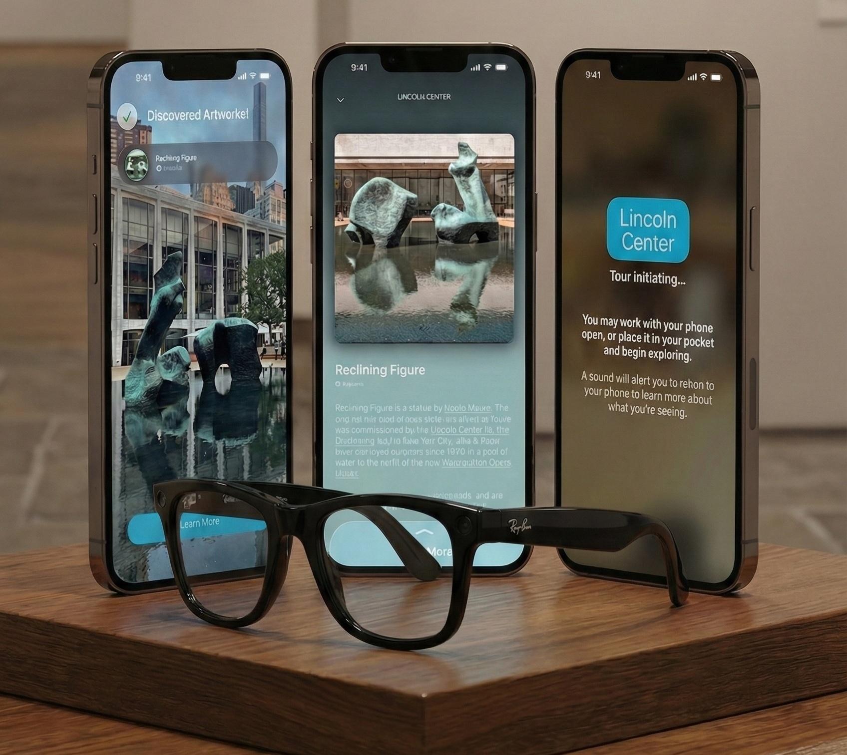 Smart glasses in front of three phones showing a Lincoln Center audio tour app