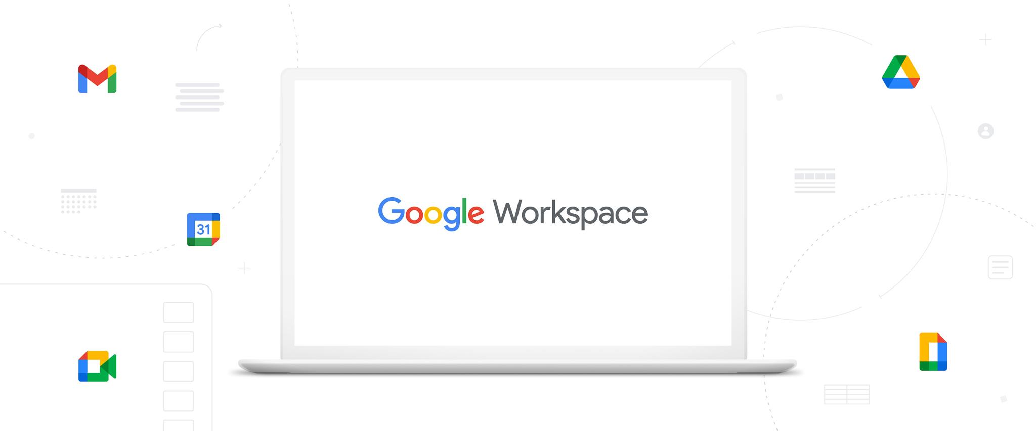 Google Workspace logo on a laptop screen with app icons around it