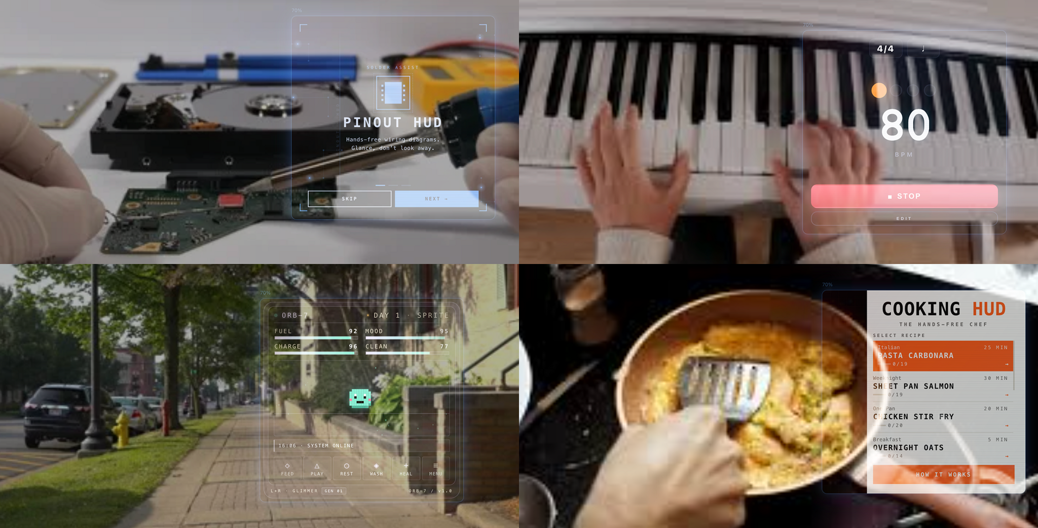 Four-panel demo of HUD overlays for electronics, piano, navigation, and cooking