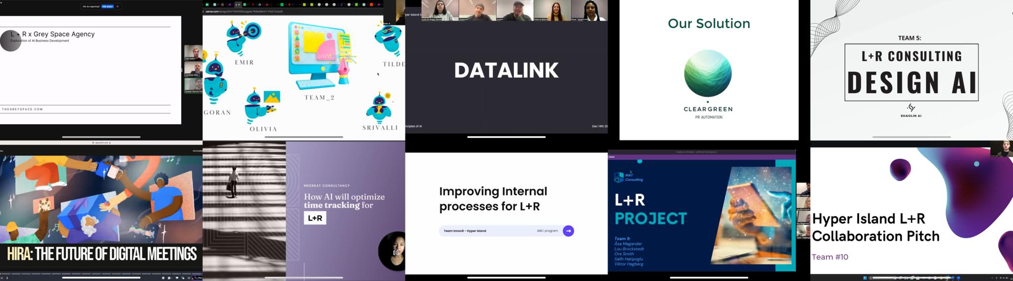 Collage of virtual meeting slides on AI design, digital meetings, and L+R collaboration projects