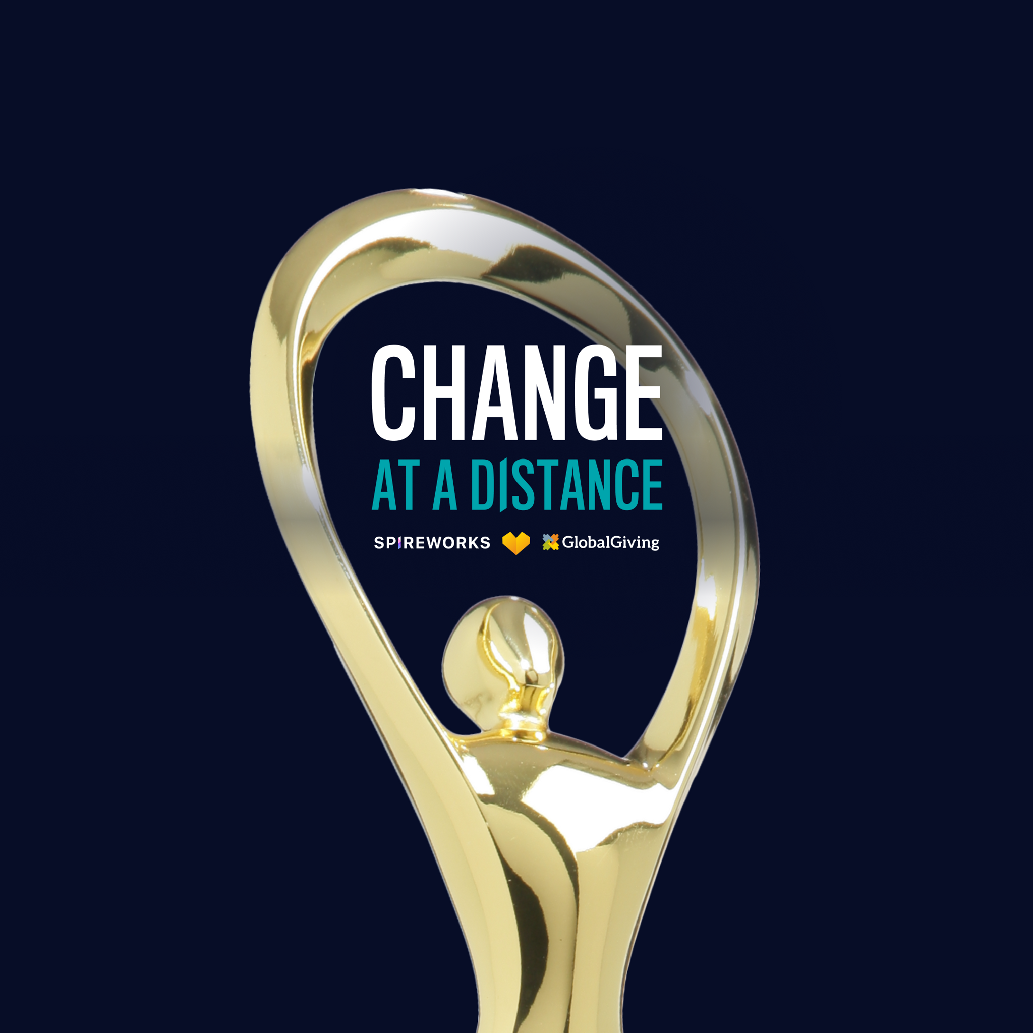 Gold trophy with Change at a Distance text on a dark blue background.