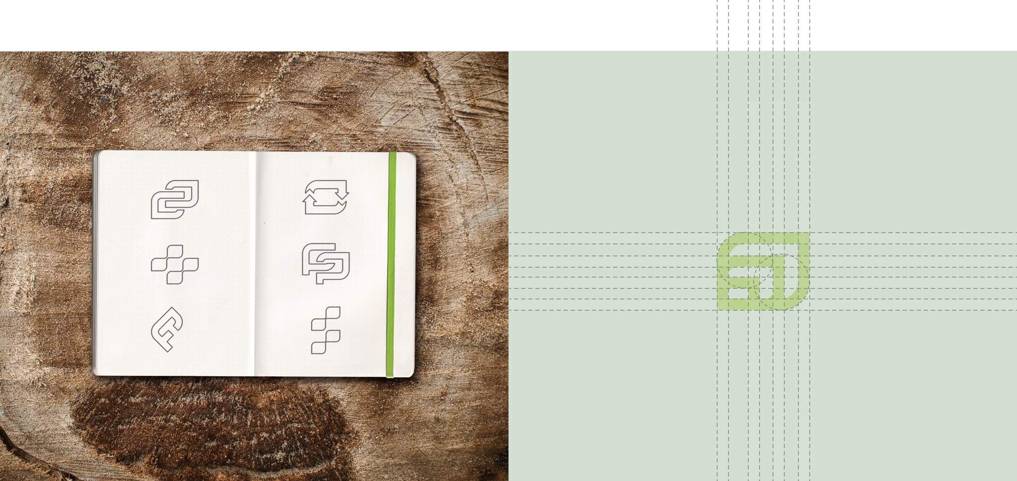 Open sketchbook with icon concepts beside a green grid logo construction