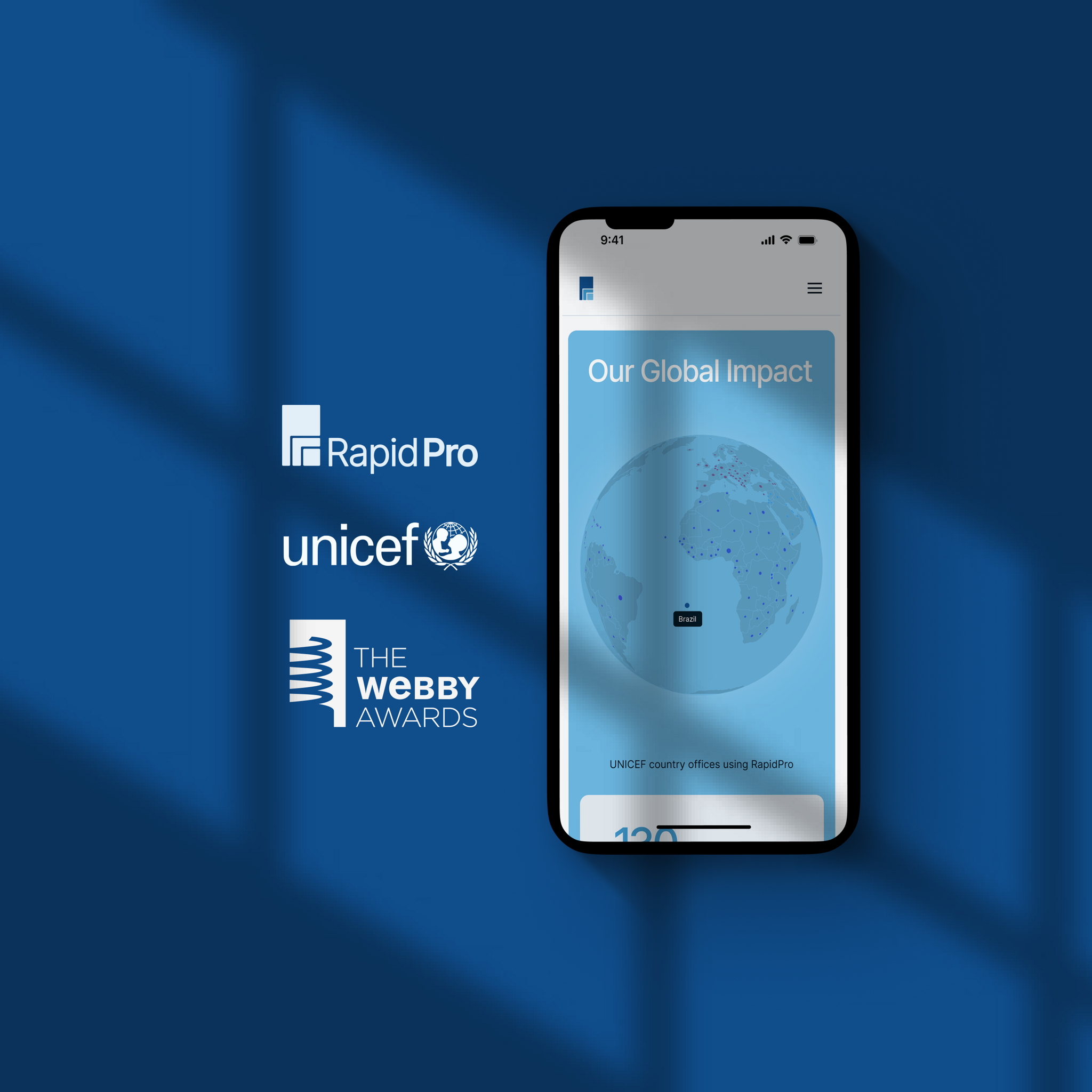 RapidPro, UNICEF, and The Webby Awards logos beside a phone showing a global impact map