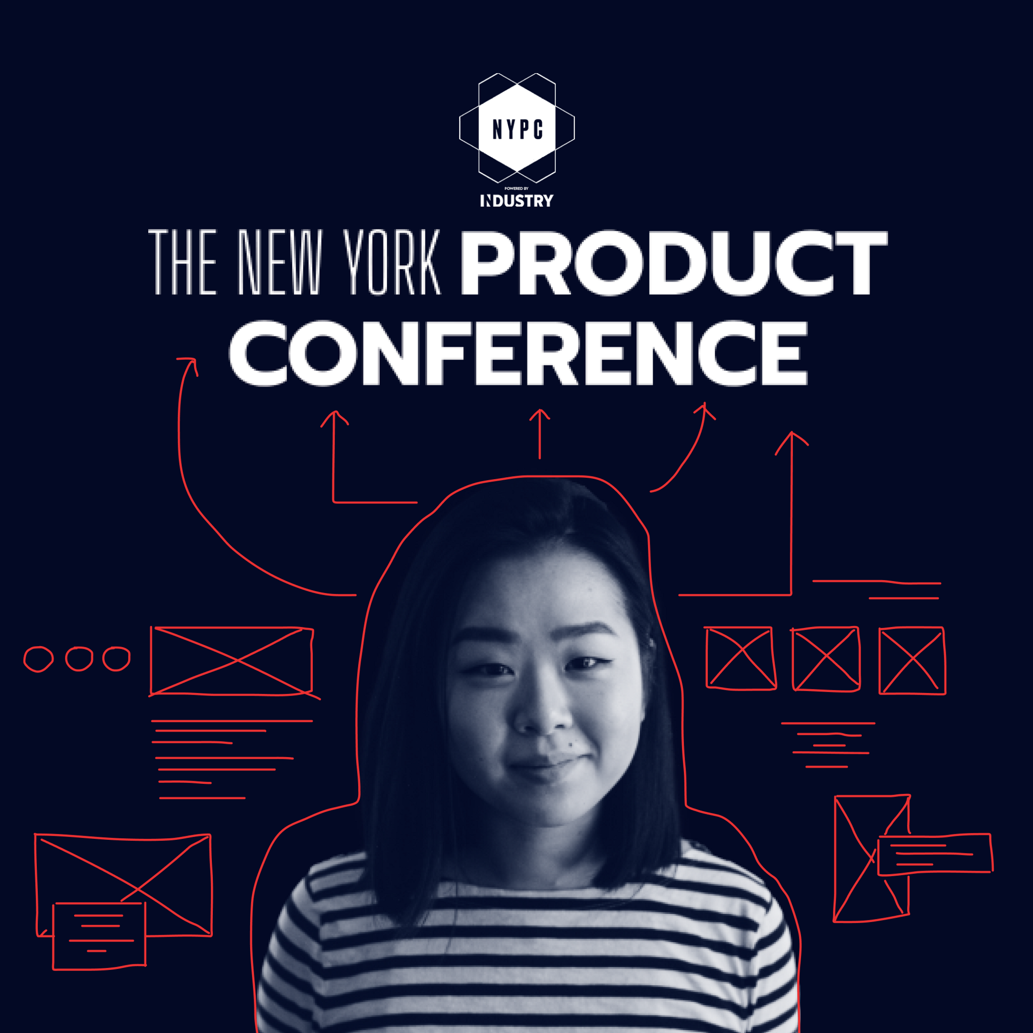 The New York Product Conference graphic with portrait and red annotations