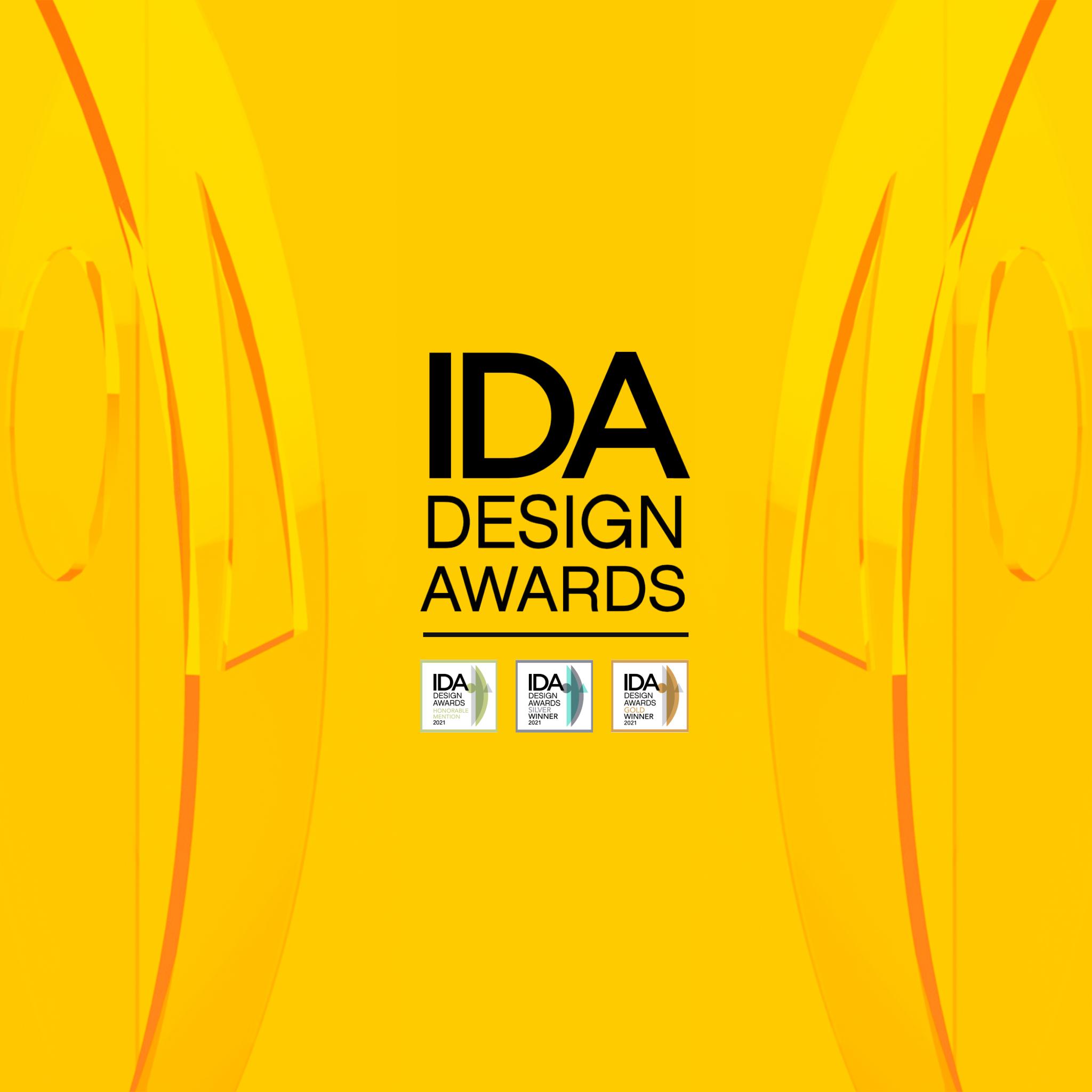 IDA Design Awards logo with three small award badges on yellow