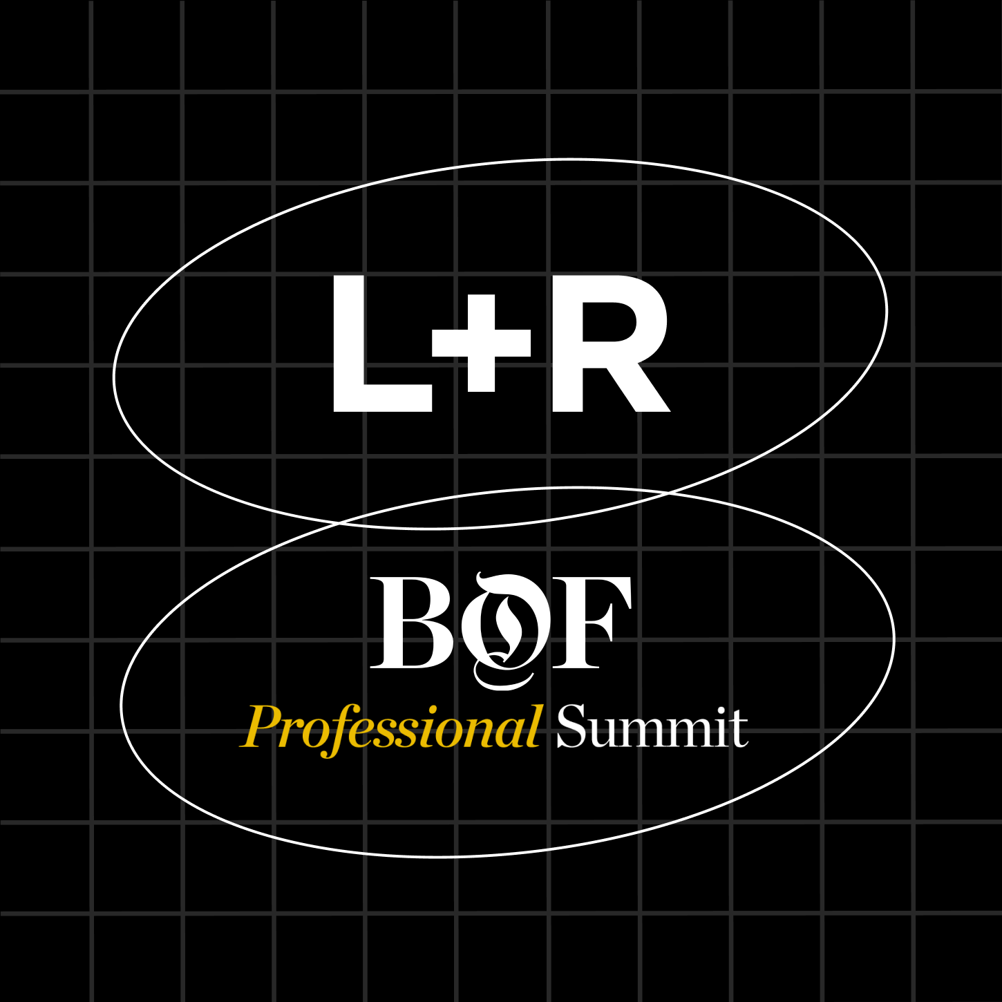 L+R and BOF Professional Summit logos with white oval lines on a black grid