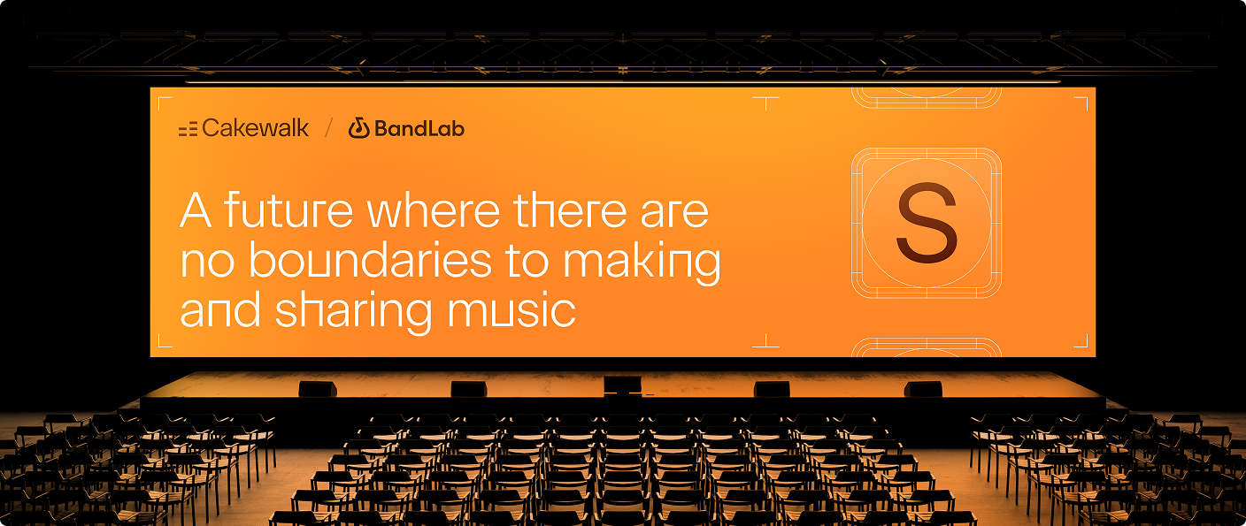Wide auditorium view with orange Cakewalk and BandLab presentation screen