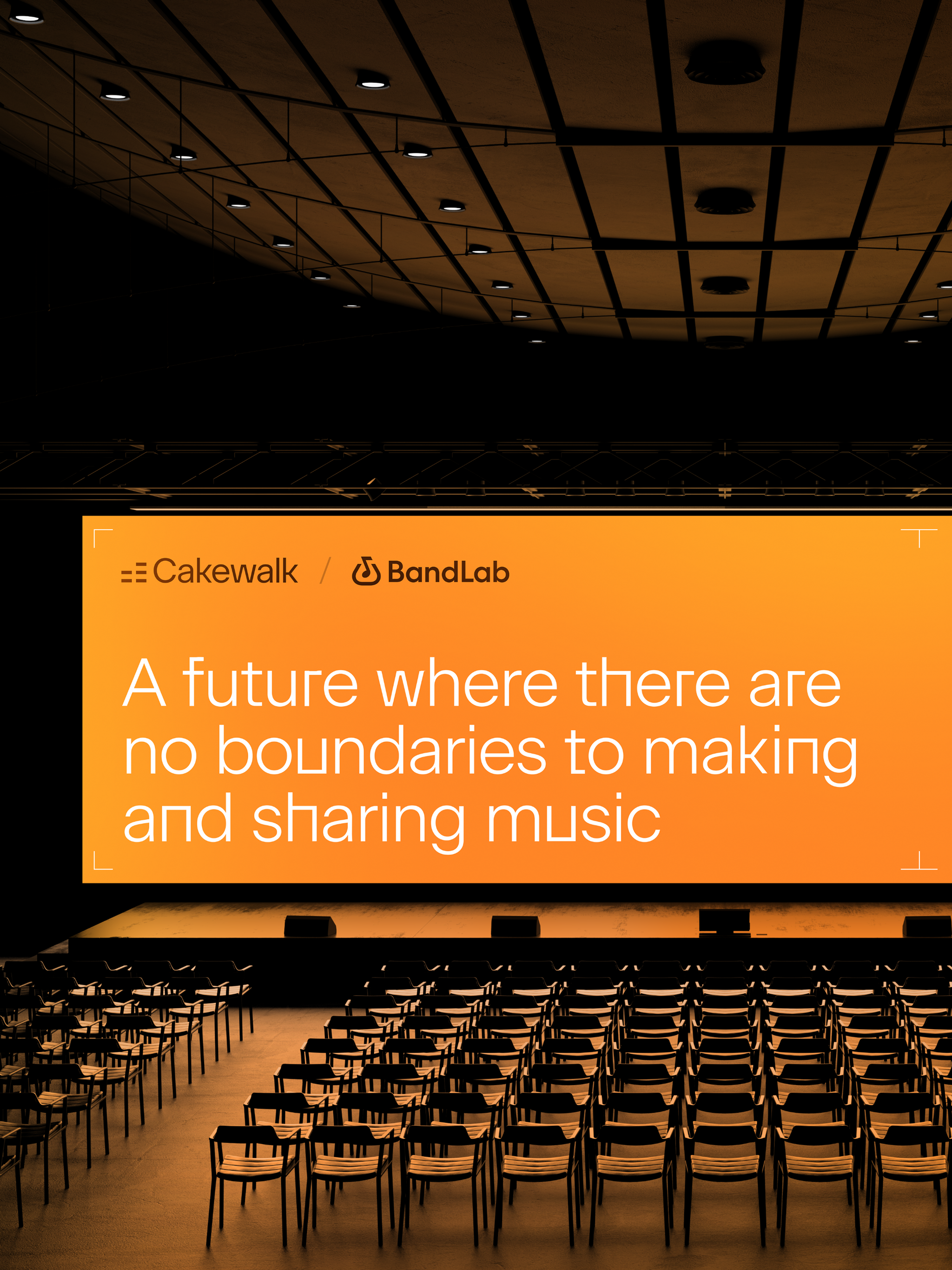 Auditorium with orange Cakewalk and BandLab presentation screen