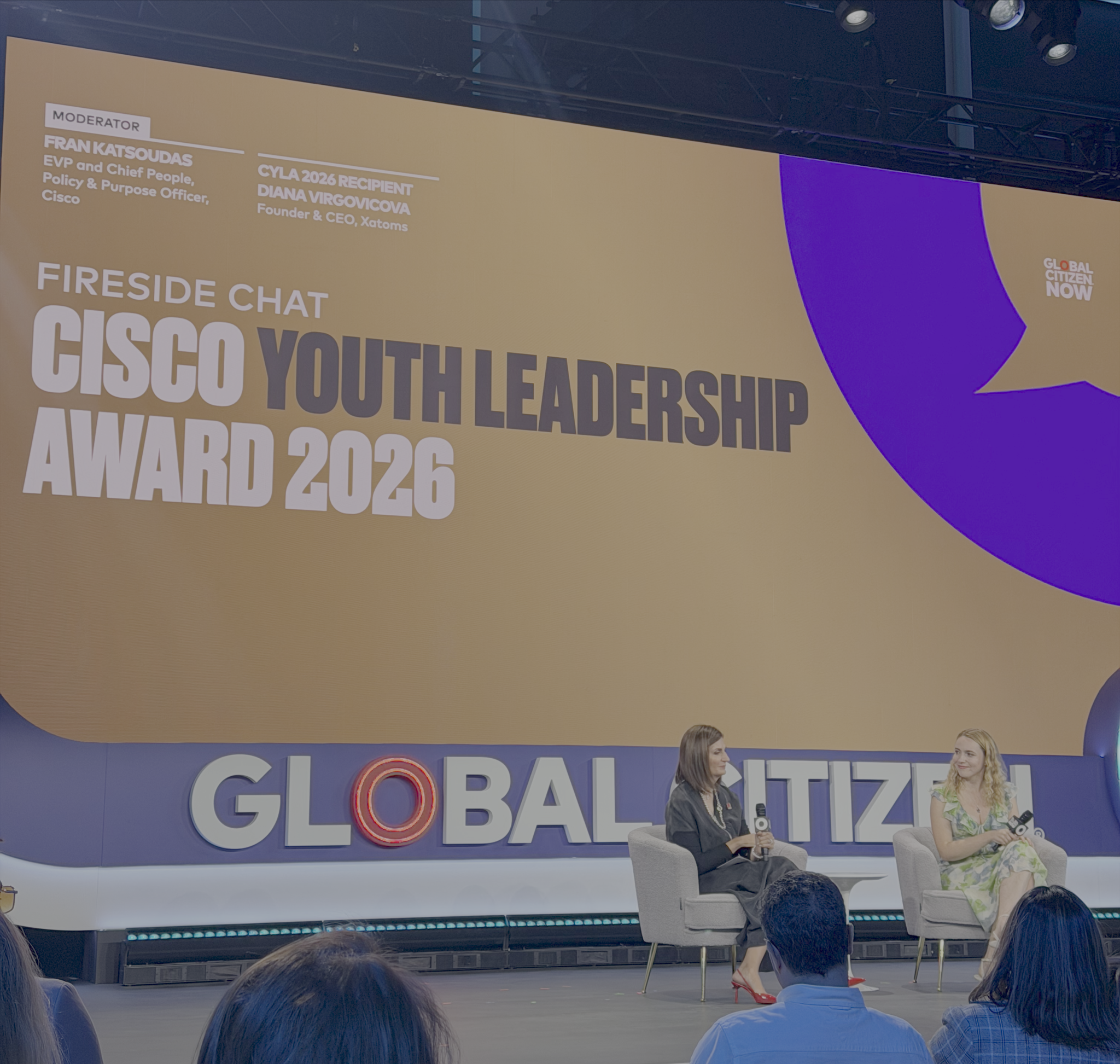 Global Citizen NOW stage showing Cisco Youth Leadership Award 2026 fireside chat