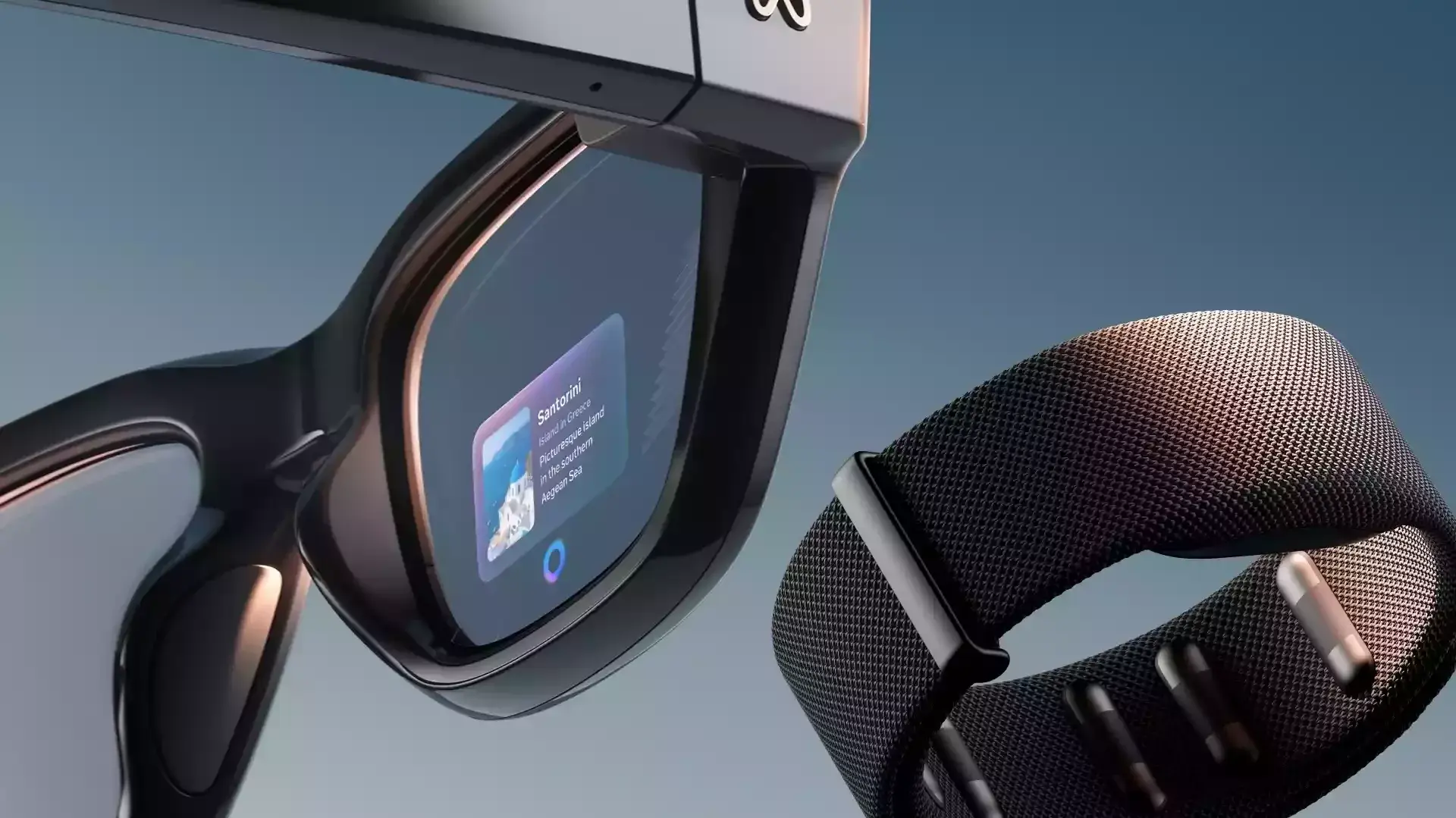 Close-up render of smart glasses with lens display and fabric strap