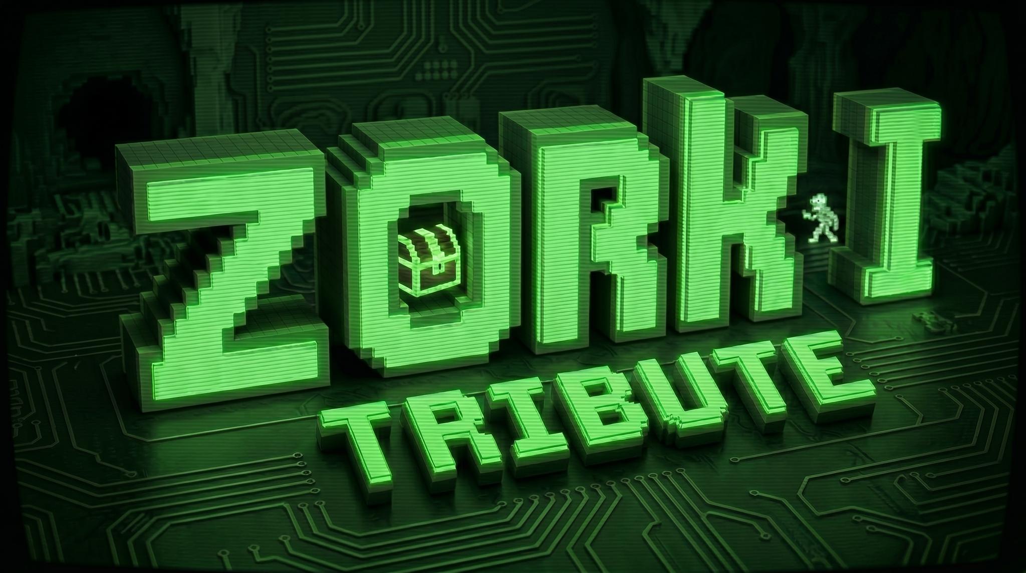 Green pixel-art "Zork I Tribute" title on a circuit board background