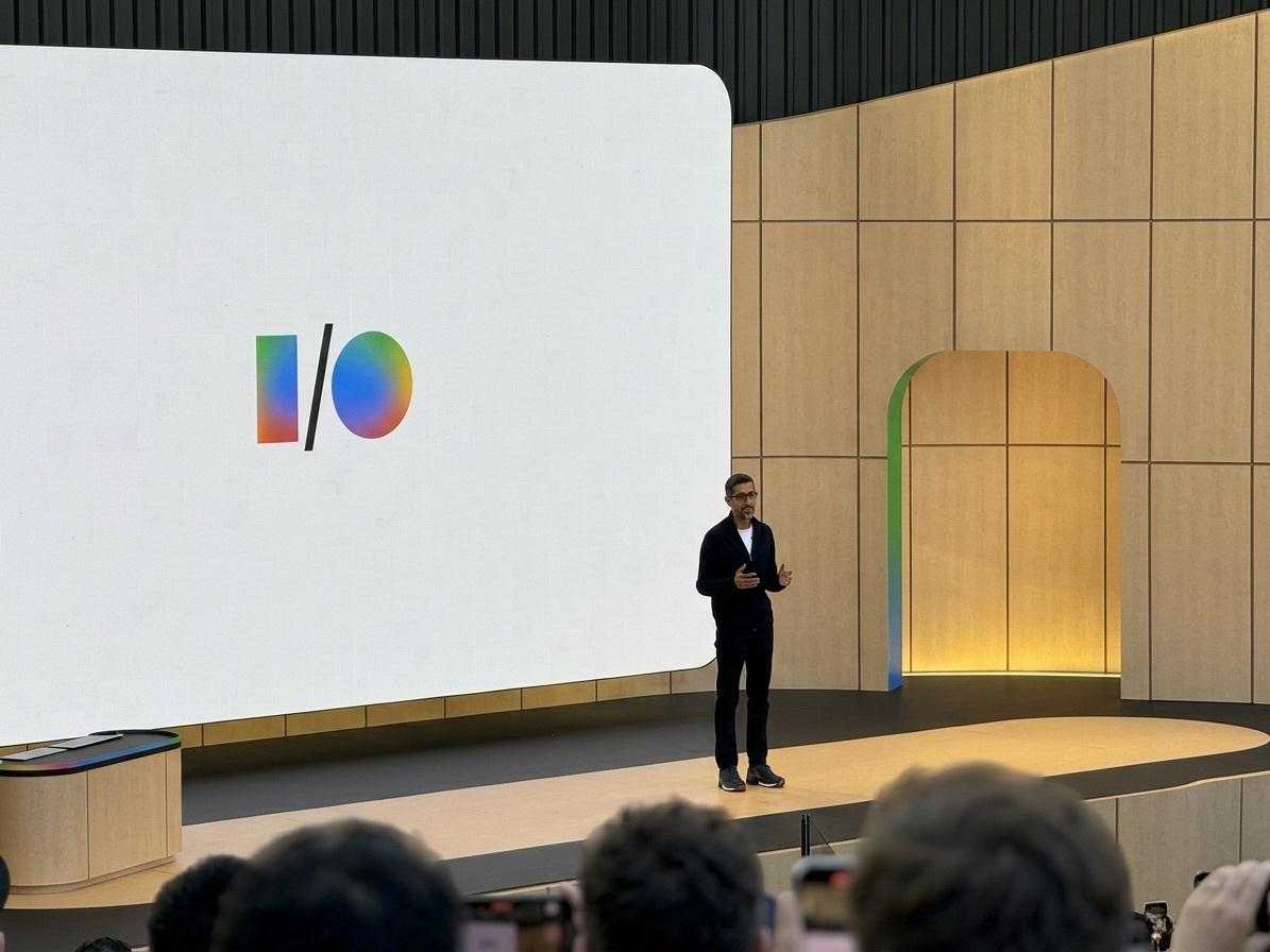 Presenter on stage at a Google I/O event