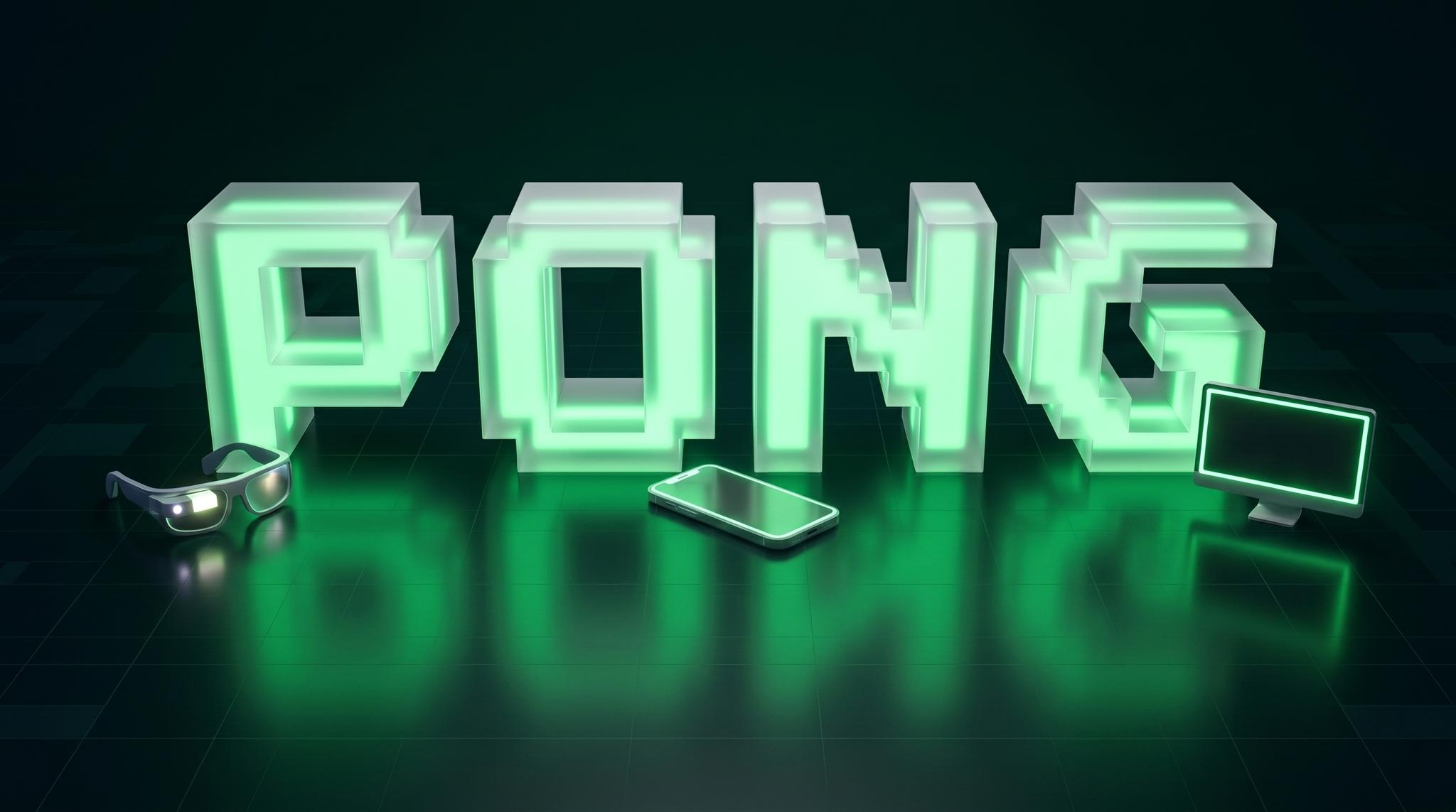 Glowing green PONG logo on a dark background