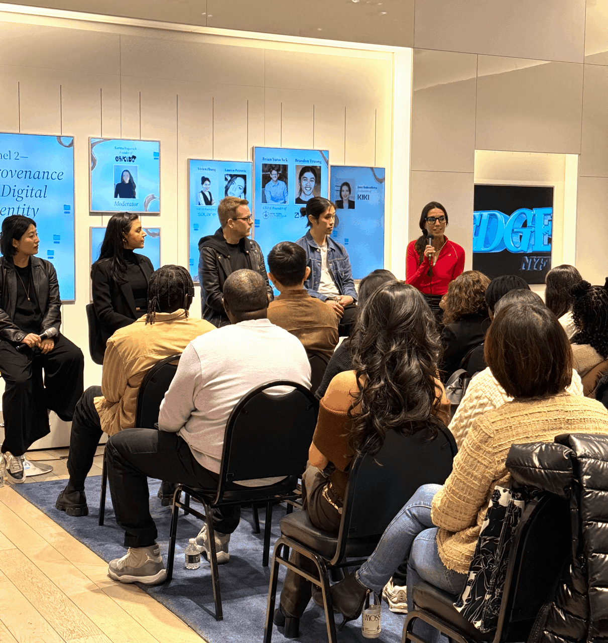 "Provenance and Digital Identity" panel at NYFW EDGE, five panelists facing a seated audience
