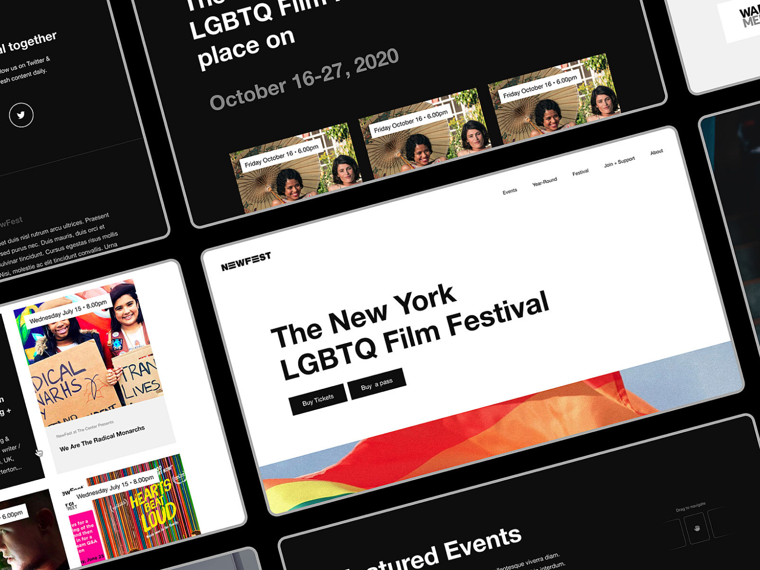 Angled website mockups for The New York LGBTQ Film Festival and event listings