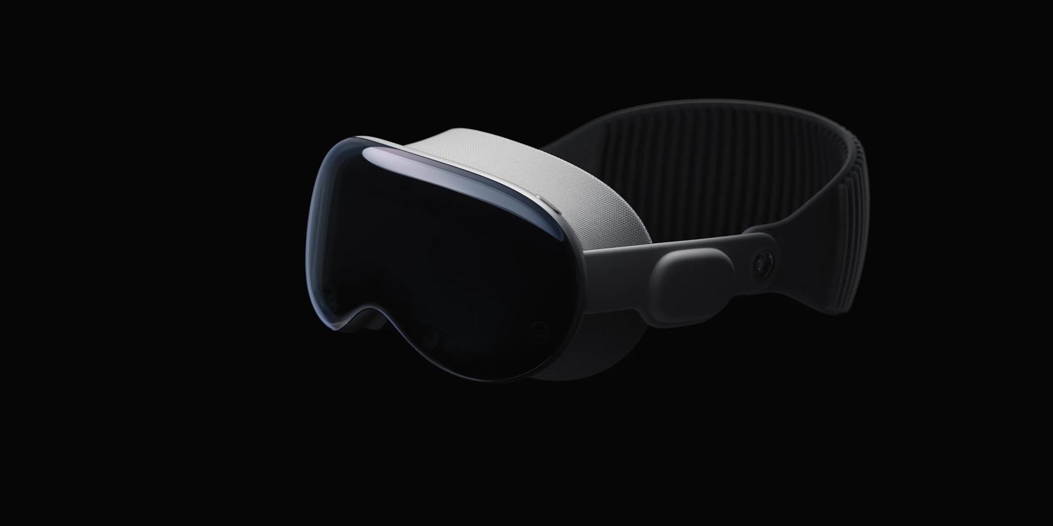 Mixed reality headset with a wide visor on a black background