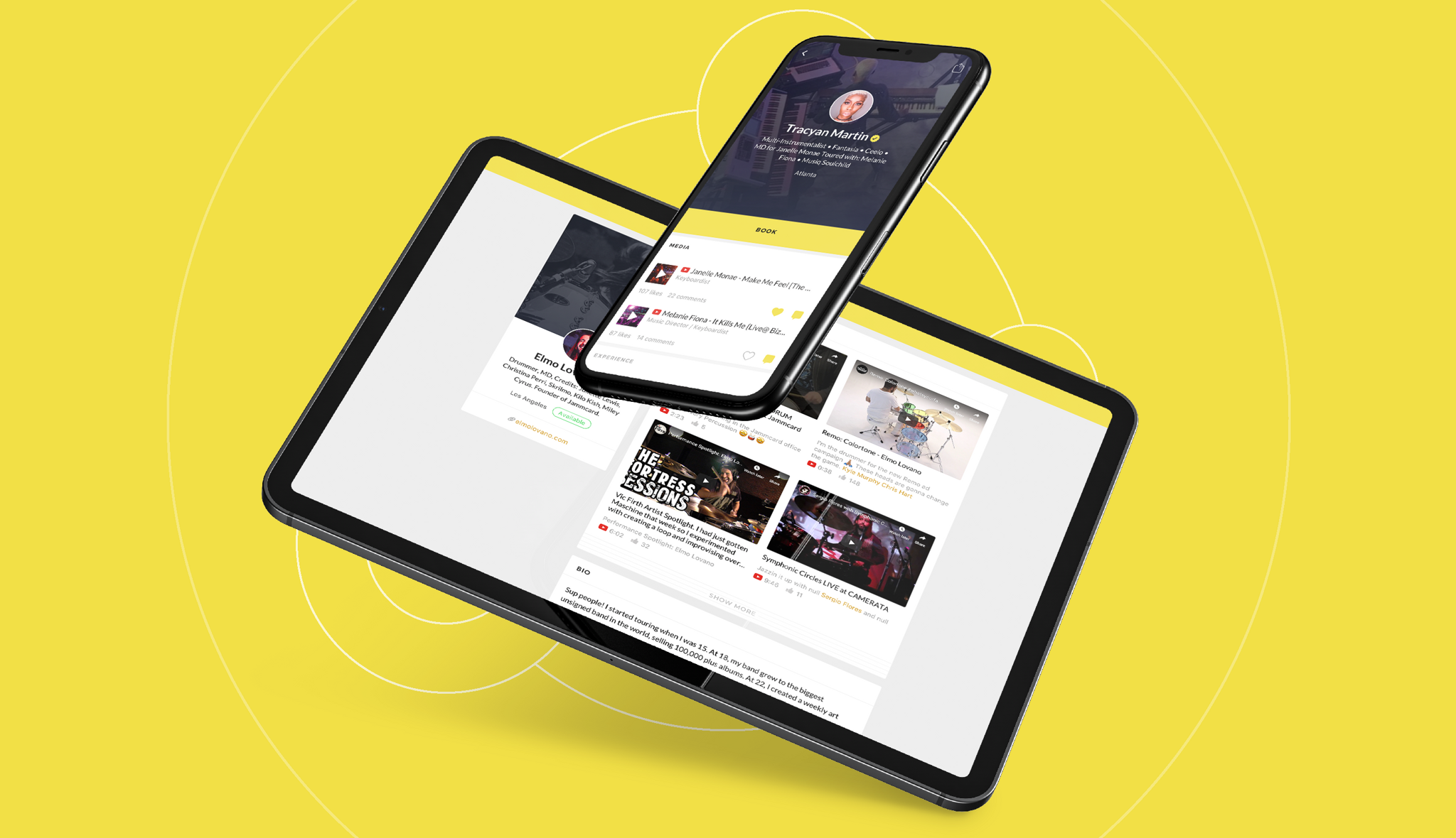 Tablet and smartphone mockups displaying a social media interface on yellow