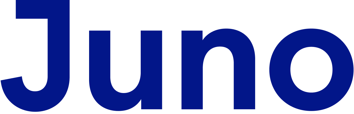 Juno logo in bold blue letters on a black background