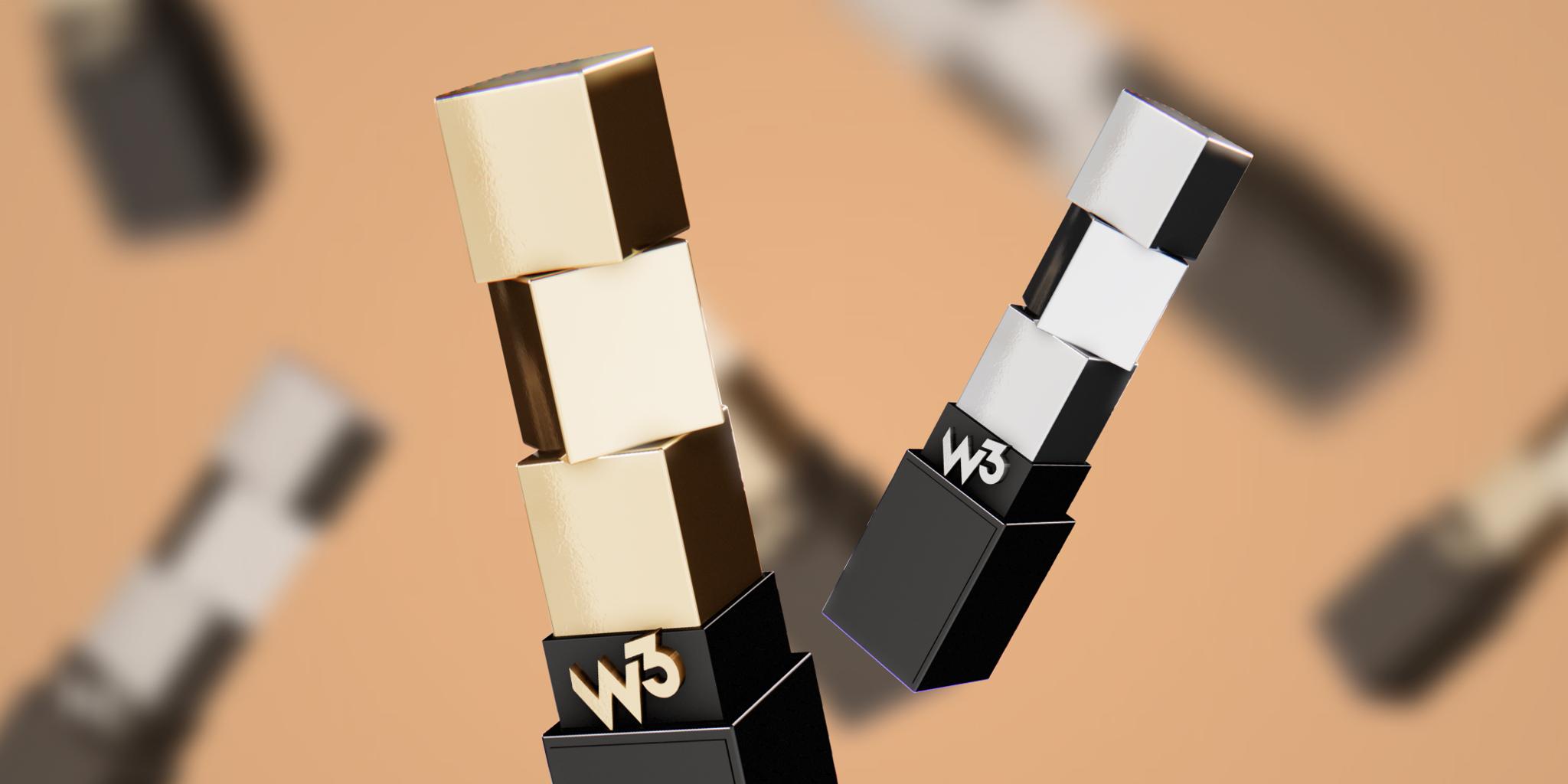 Floating W3-branded geometric objects on a beige background