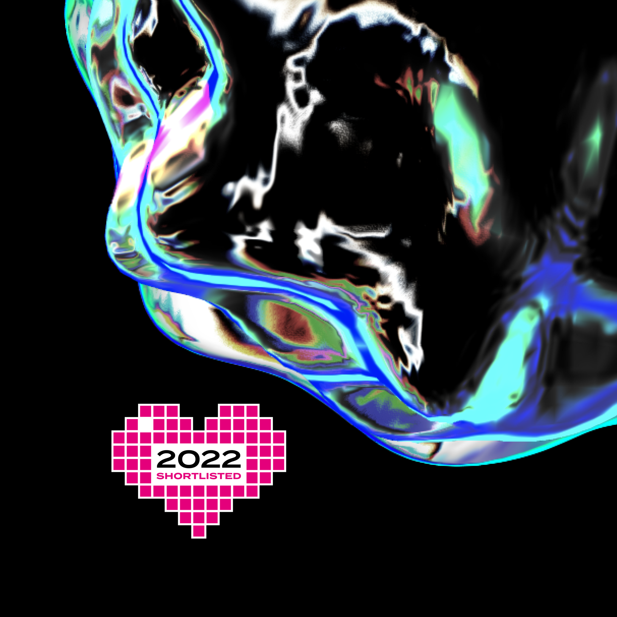 Iridescent abstract liquid form on black with "2022 Shortlisted" heart badge