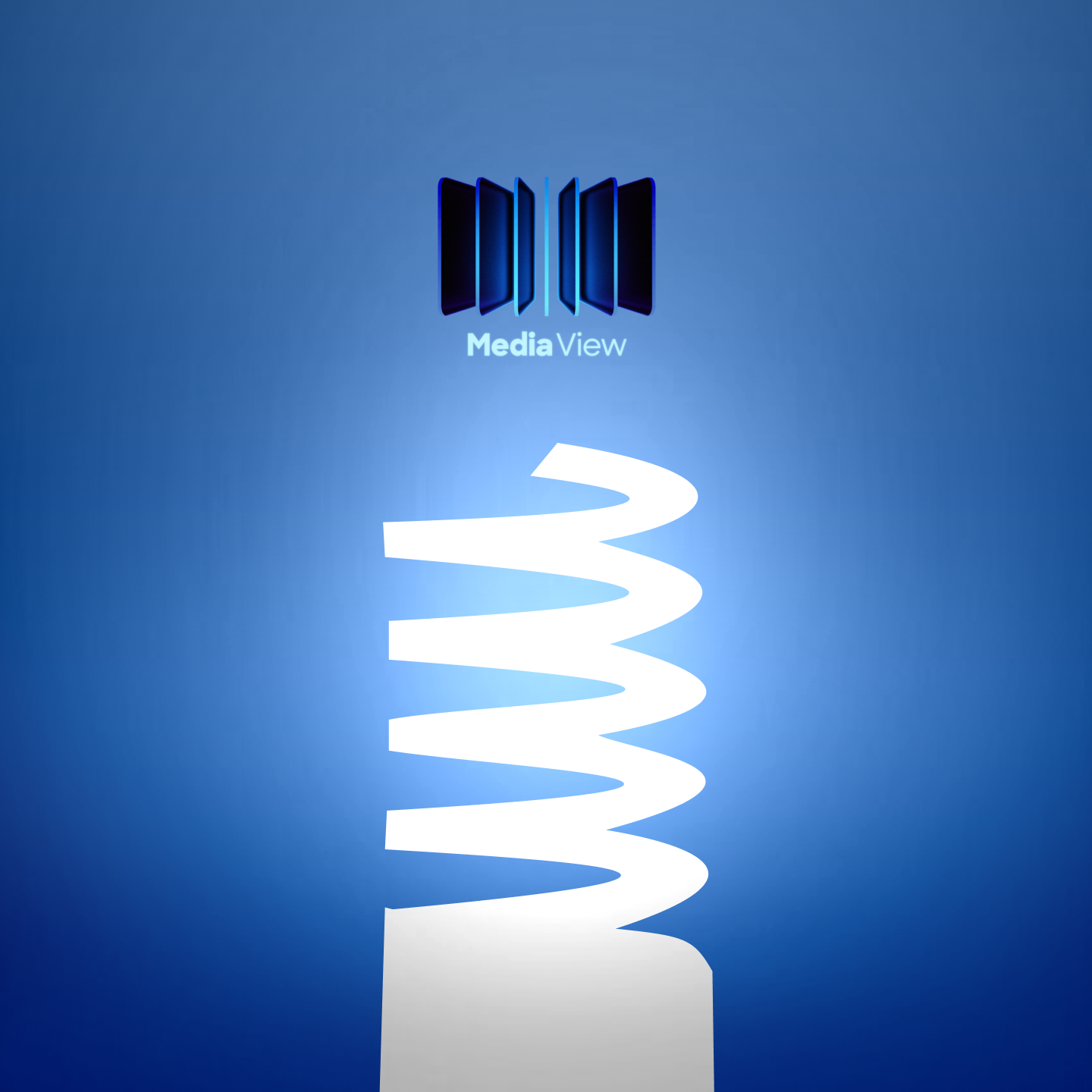 Media View logo above a white spiral tower shape on a blue gradient background