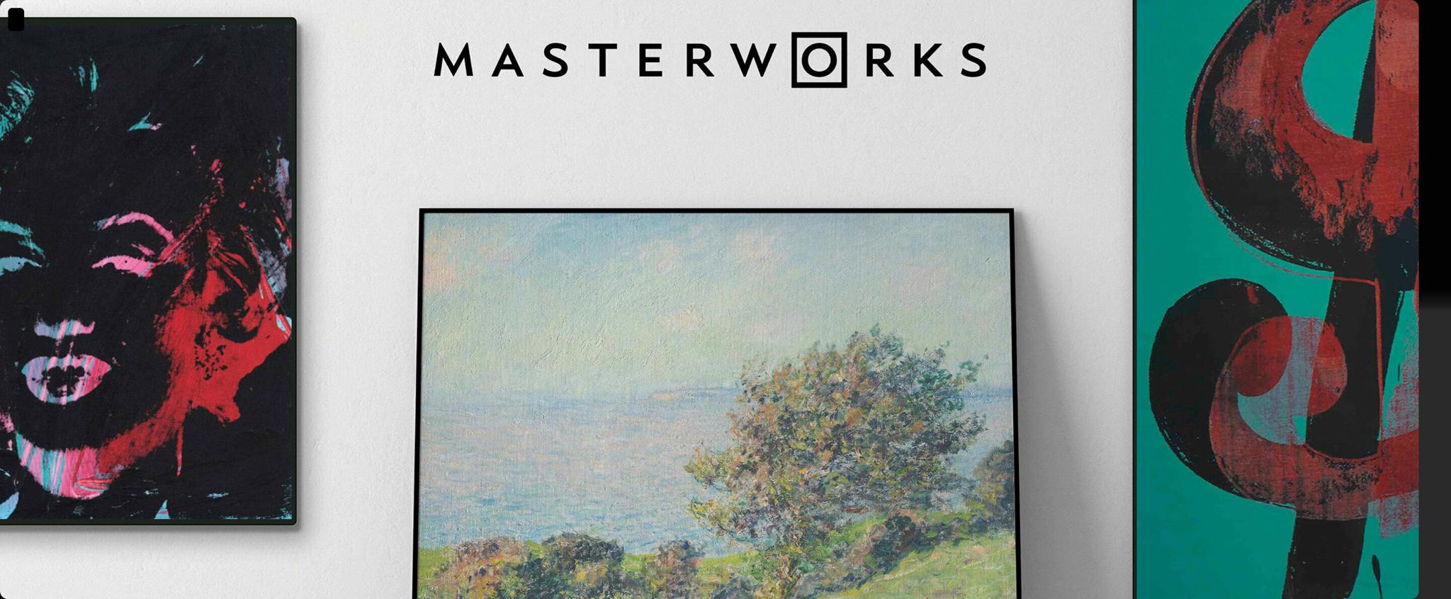 Masterworks logo above framed artworks on a gallery wall