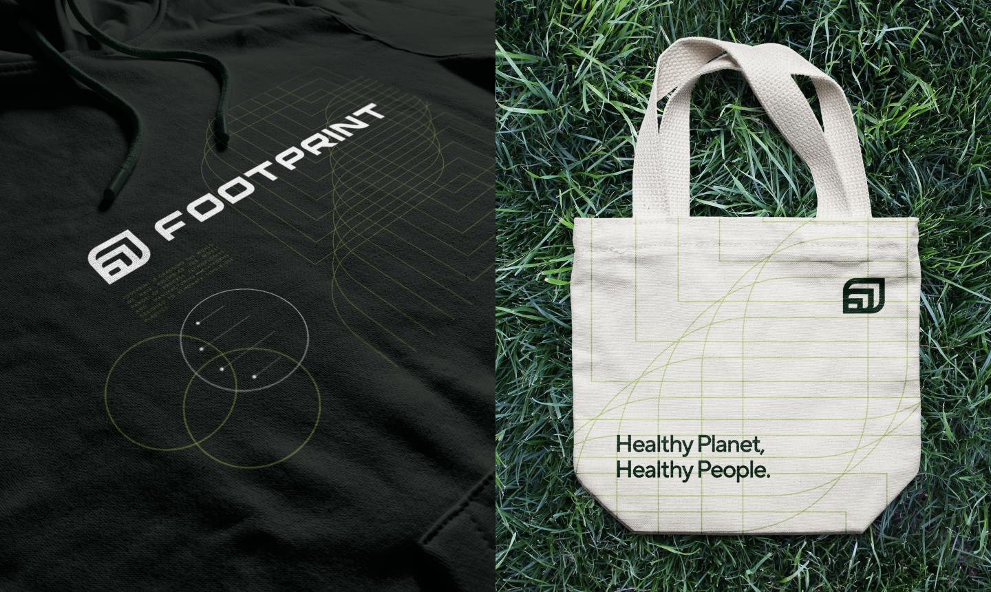 Footprint branded black hoodie and canvas tote bag on grass