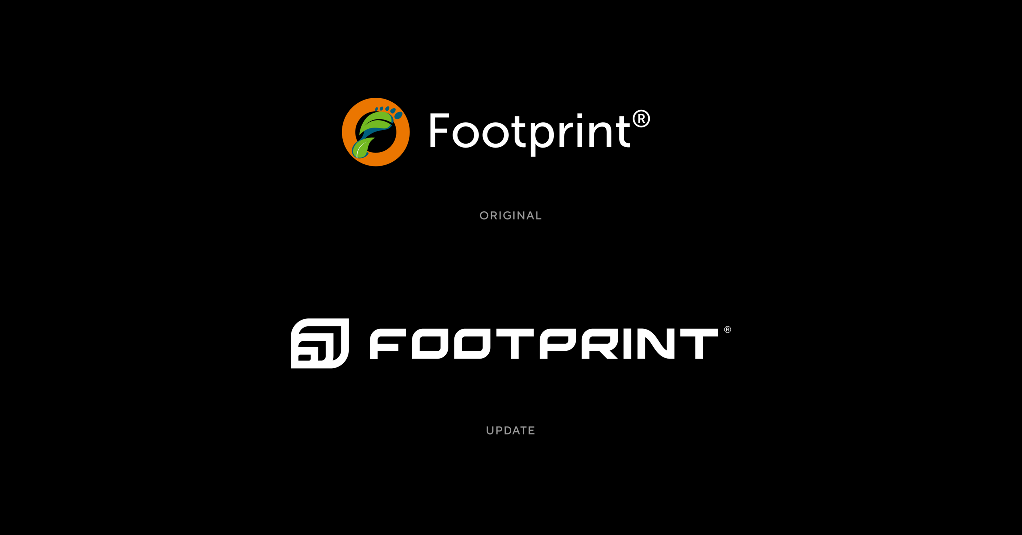 Original Footprint logo compared with updated Footprint wordmark on black
