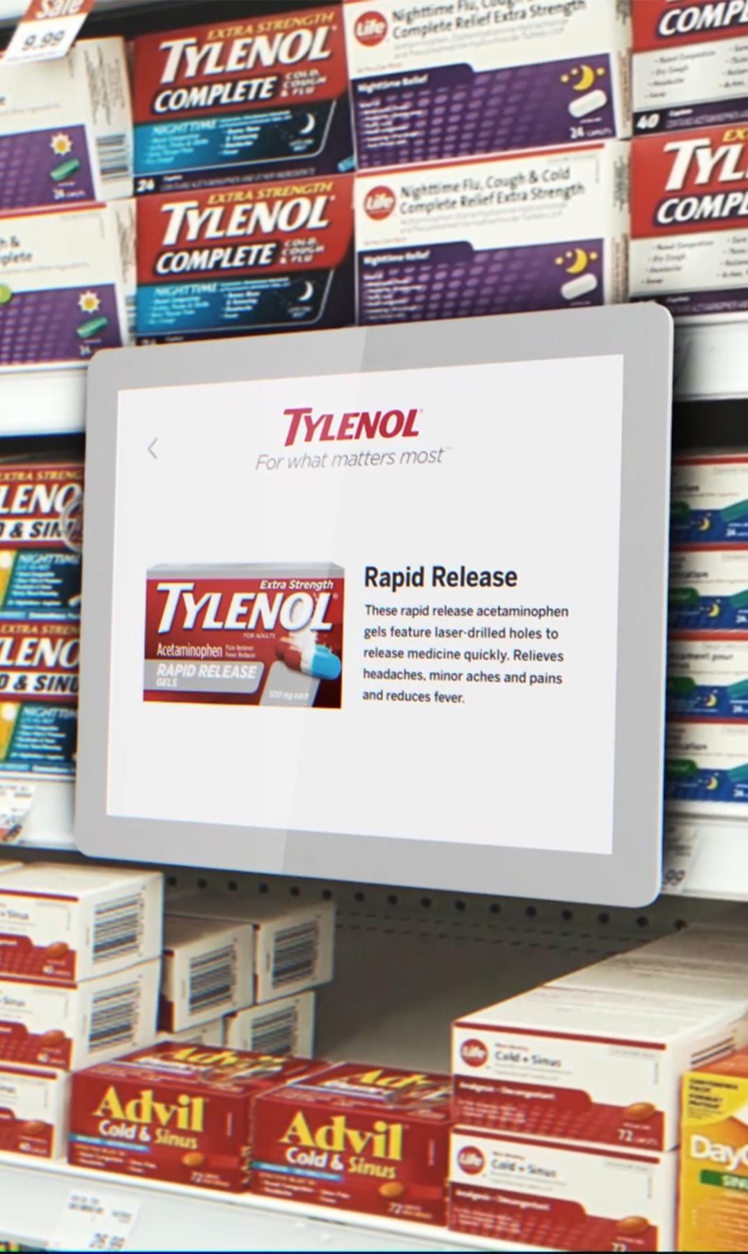 Tylenol product display screen on a pharmacy shelf with cold and sinus medications