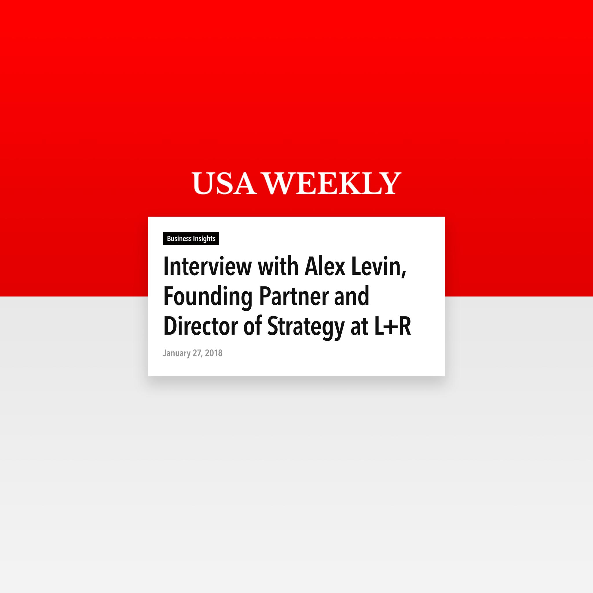 USA Weekly article card about an interview with Alex Levin on a red and gray background