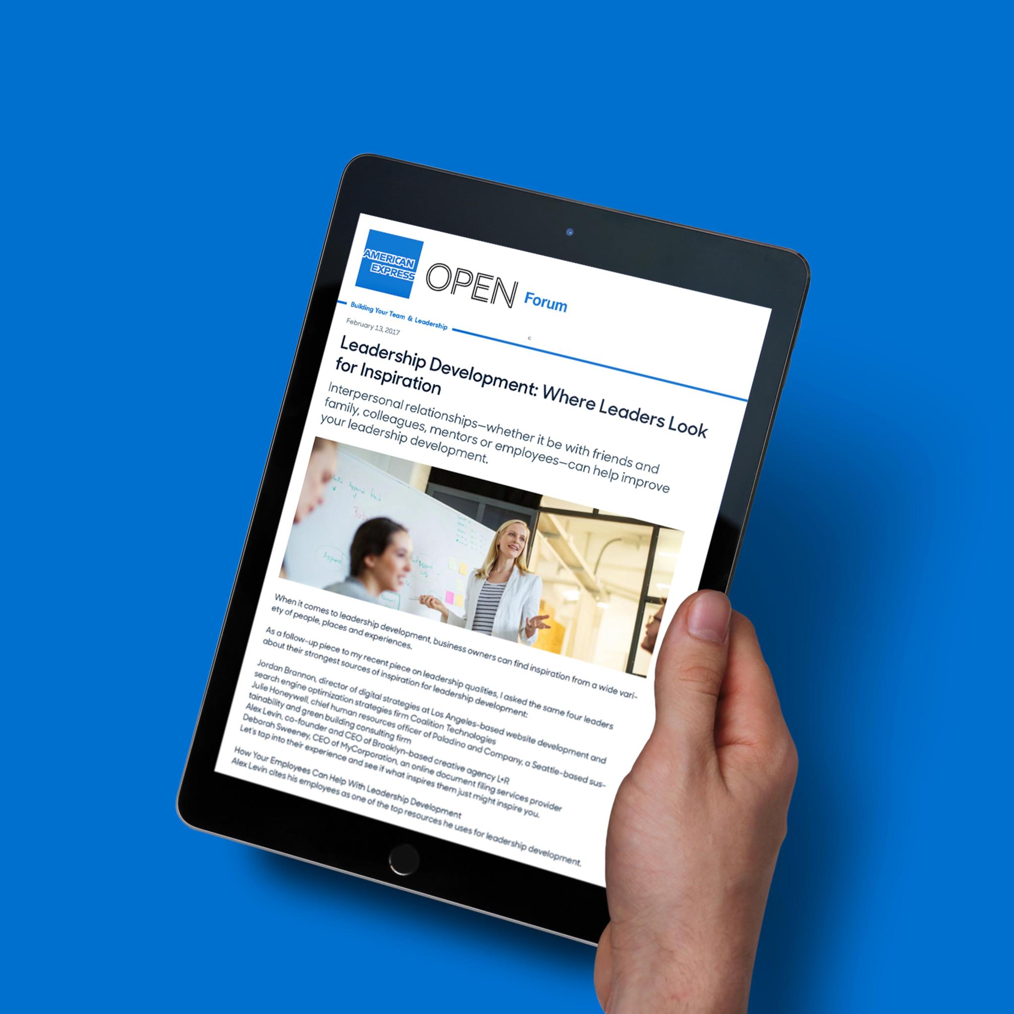 Tablet showing the American Express OPEN Forum article Leadership Development: Where Leaders Look for Inspiration