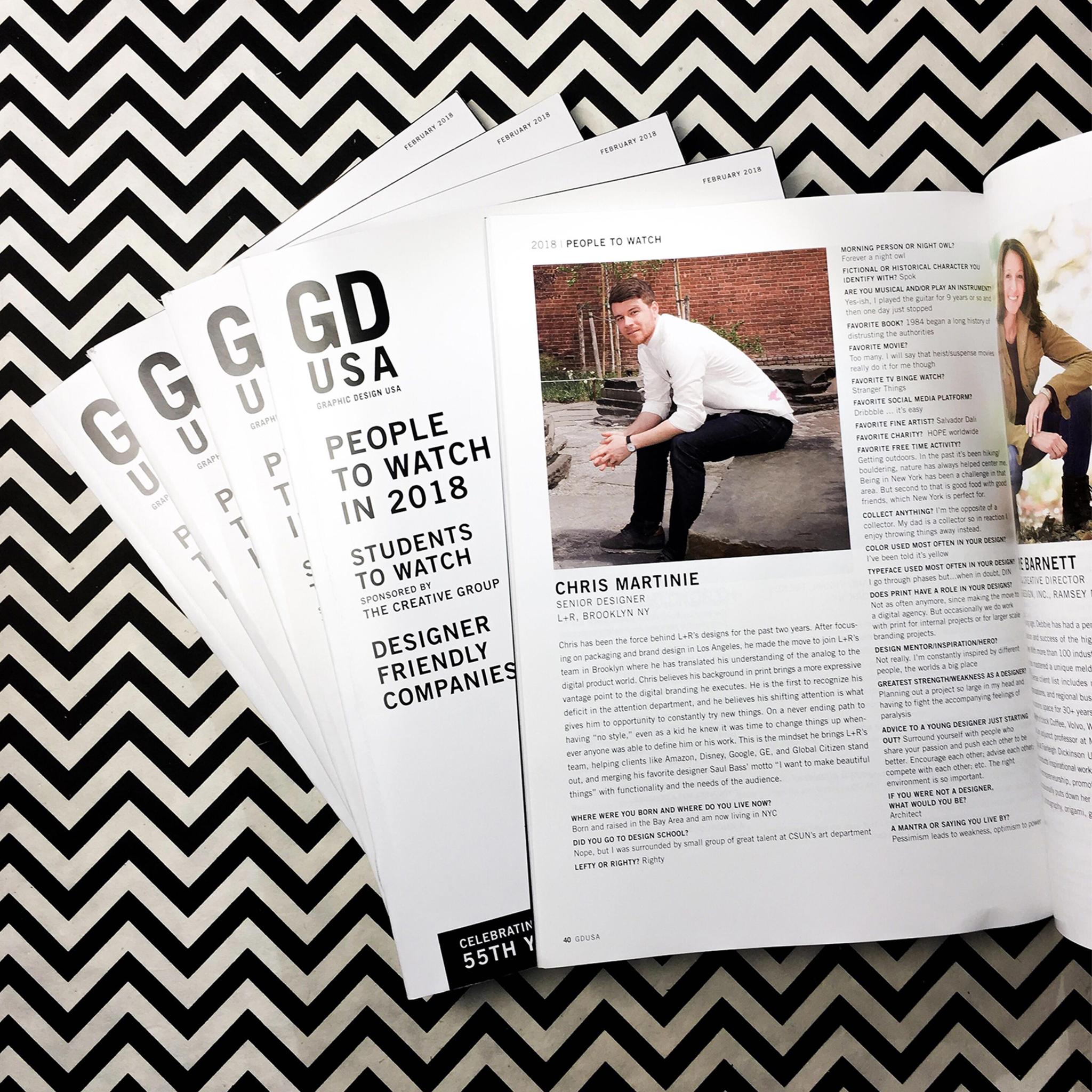 GD USA magazines and an open People to Watch spread on a chevron pattern