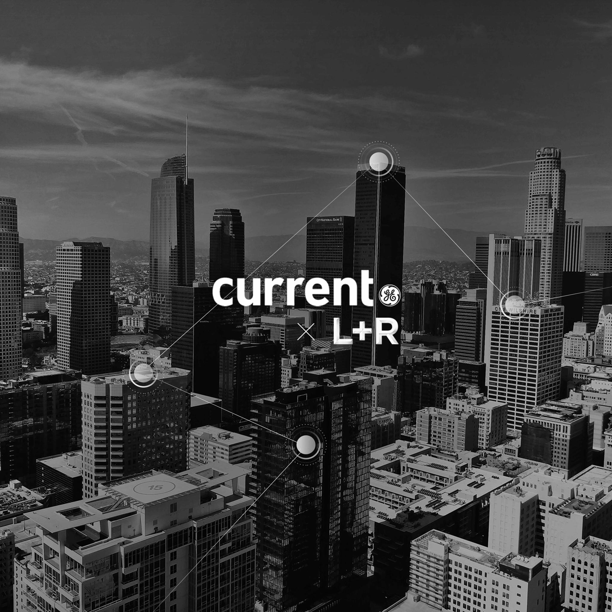 Black-and-white city skyline with "current L+R" text and connected nodes