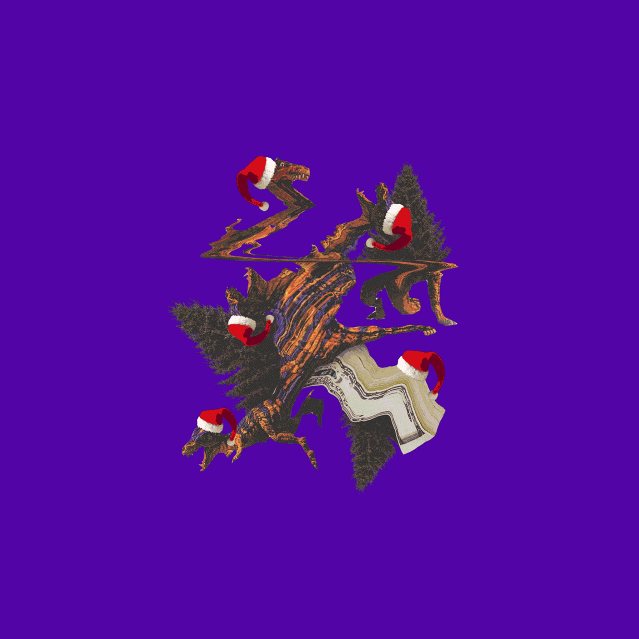 Distorted tree and Santa hats on a solid purple background