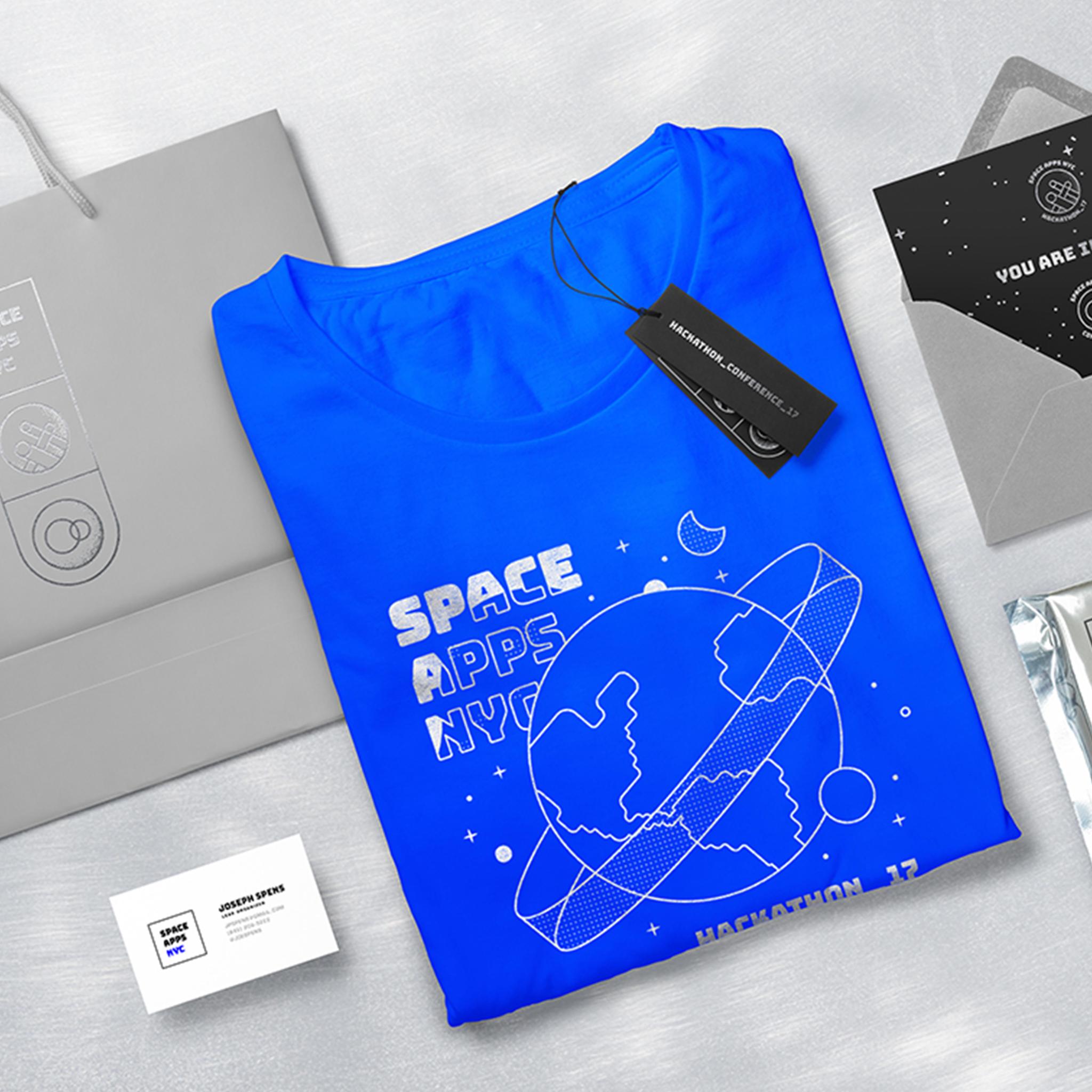 Blue Space Apps NYC T-shirt with event cards and packaging