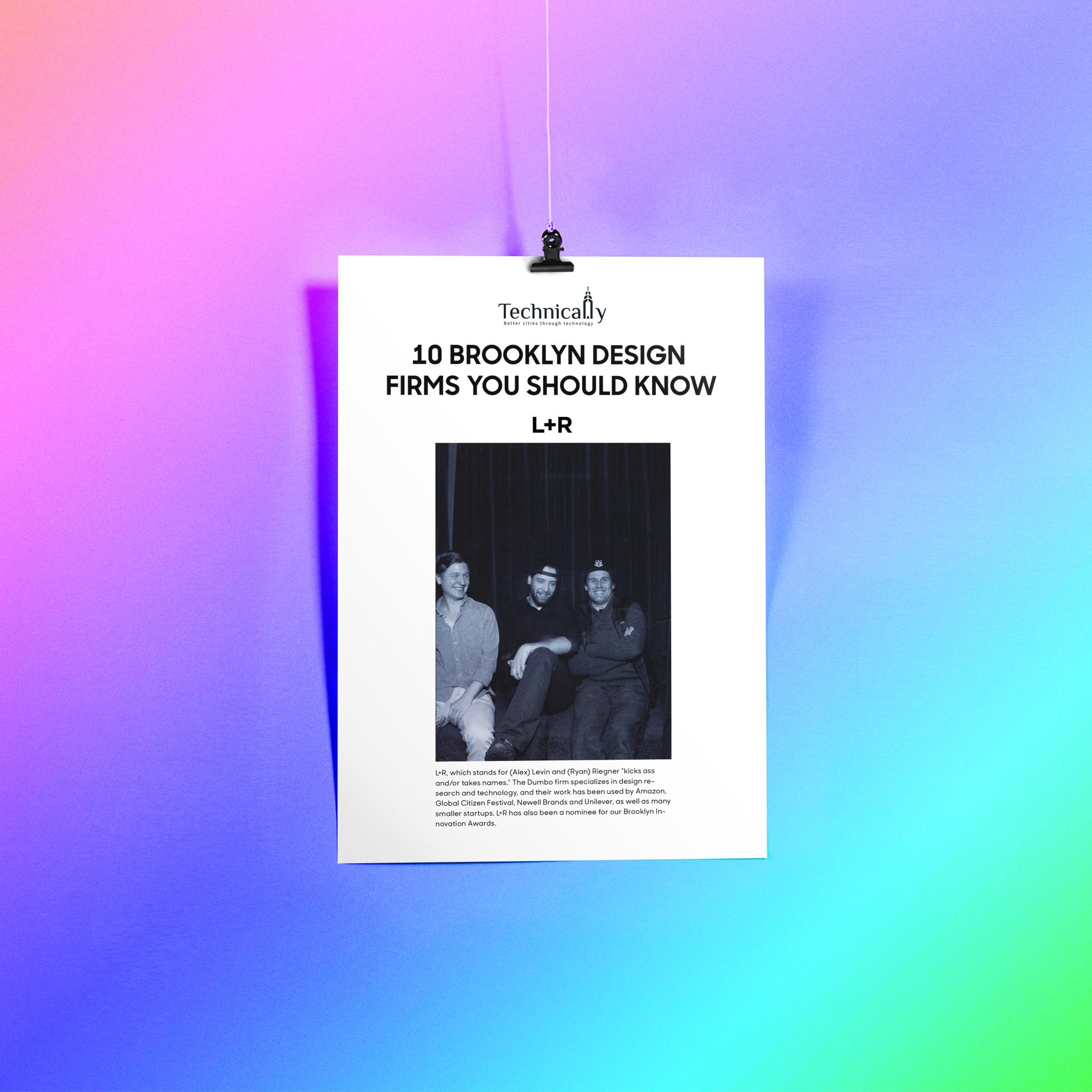 Hanging article print titled "10 Brooklyn Design Firms You Should Know" against a colorful gradient