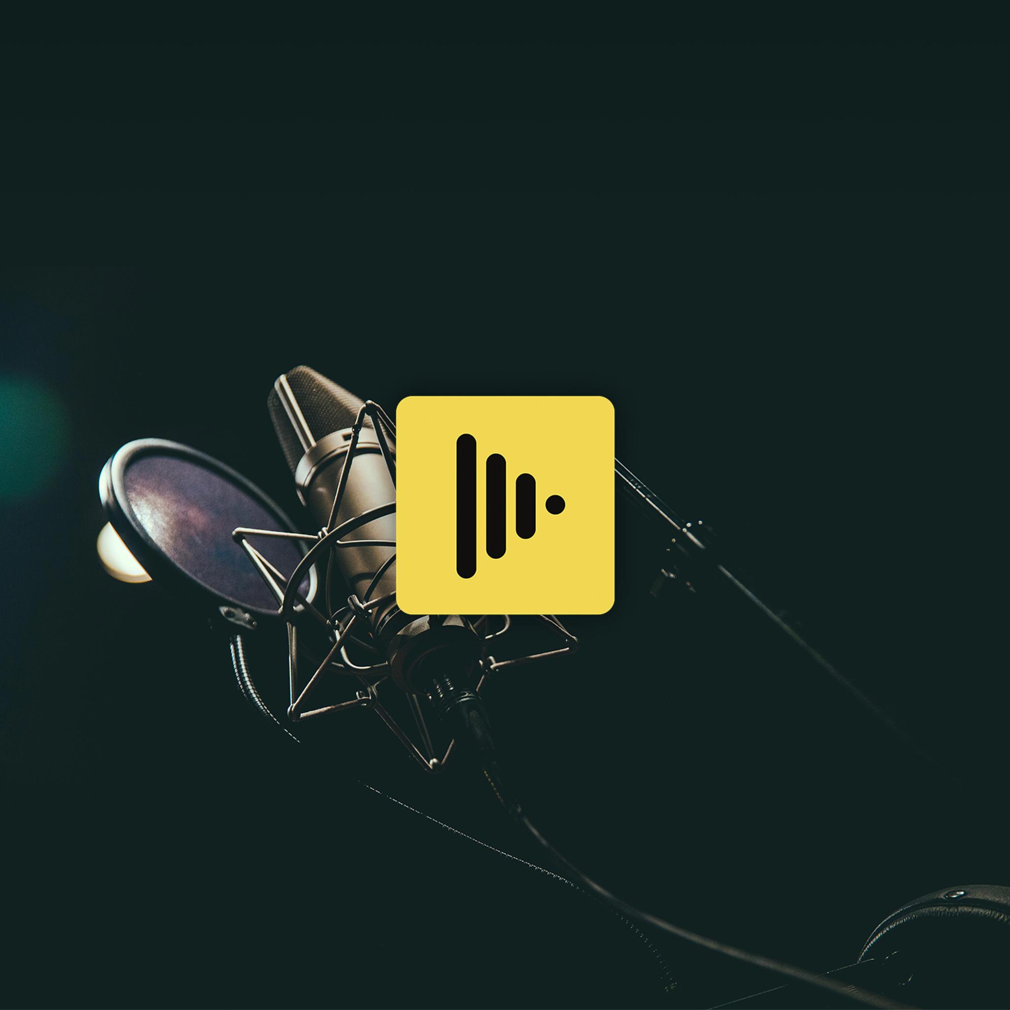 Studio microphone with pop filter and a yellow audio waveform icon