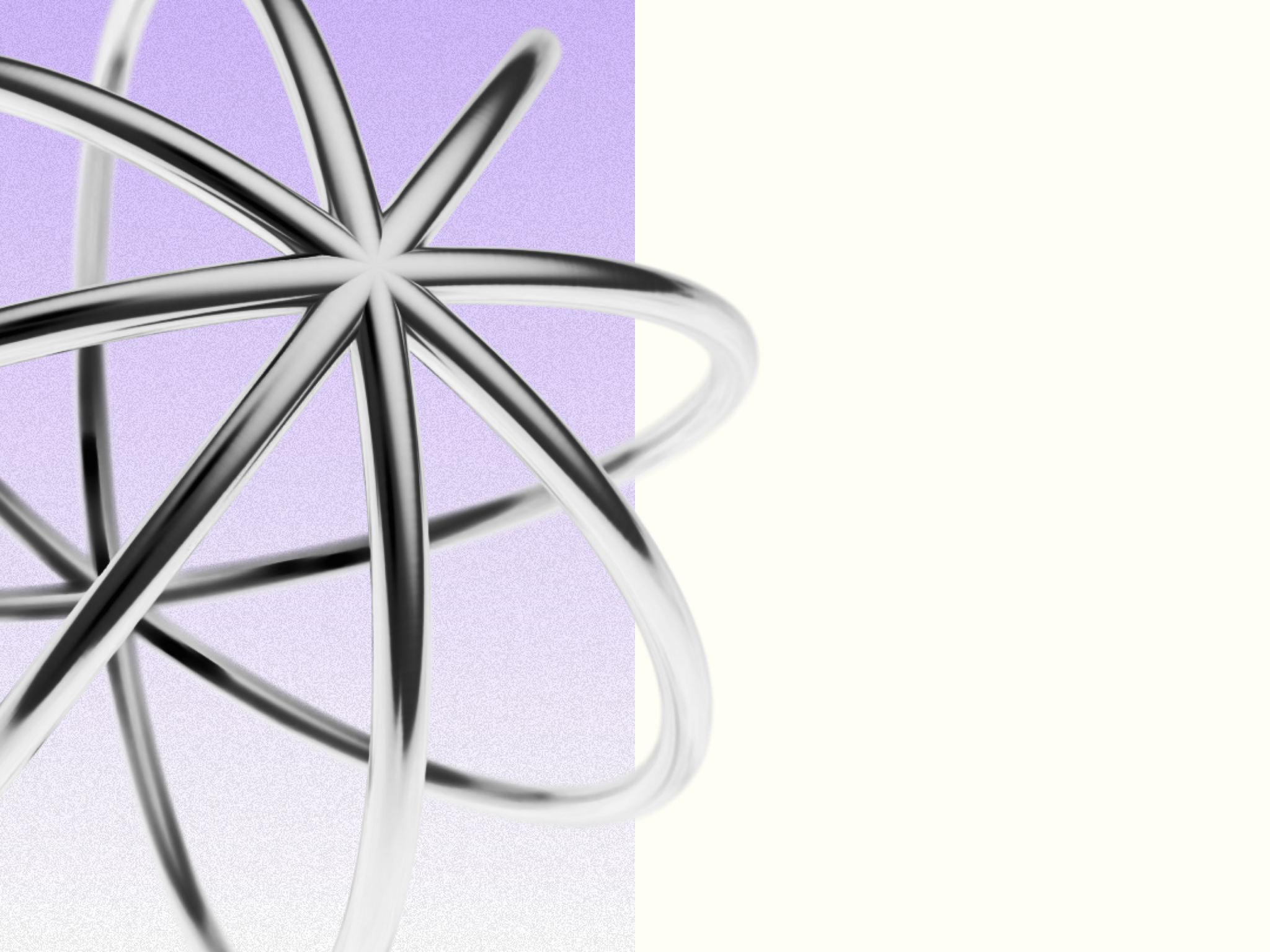 Abstract metallic atom-like rings over a lavender and cream background