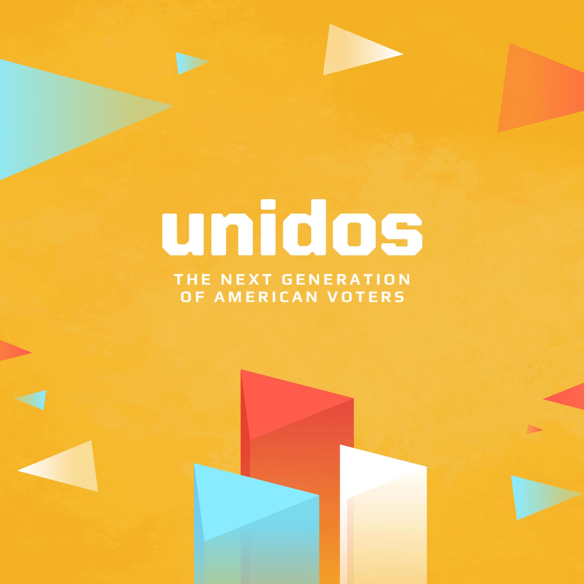 Unidos voter campaign graphic with colorful geometric shapes on yellow