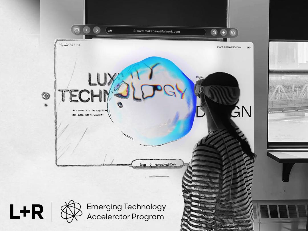 Person wearing a VR headset facing a luxury technology design screen